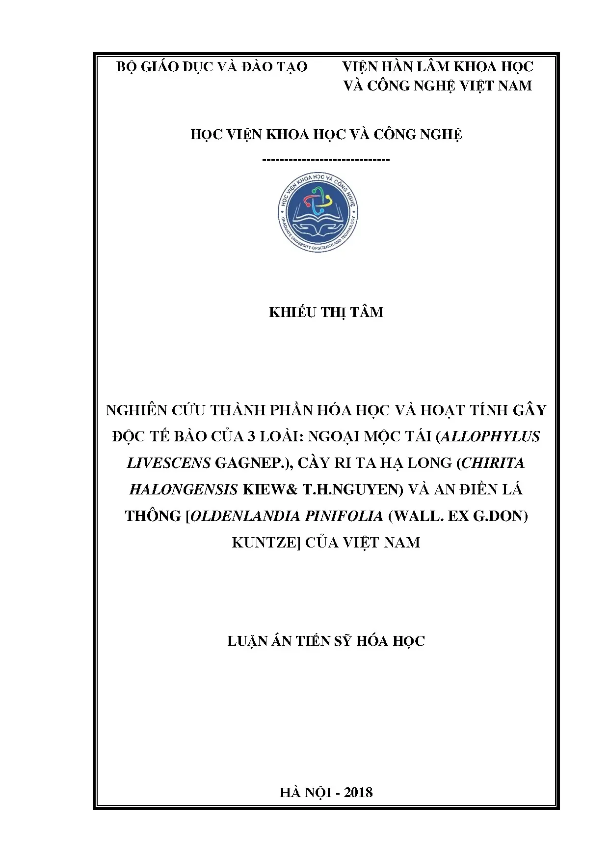 Nghiên cứu hóa học & hoạt tính độc tế bào 3 loài cây VN