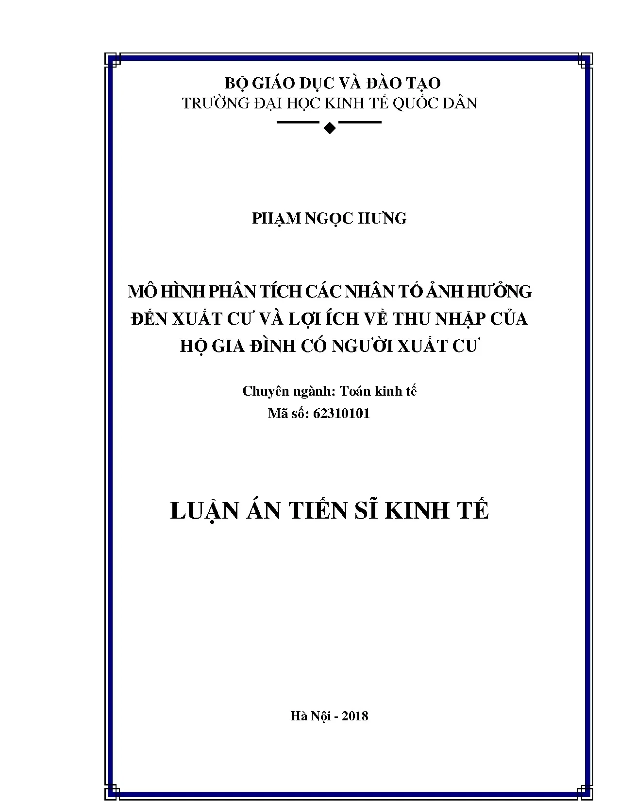 Xuất cư và thu nhập hộ gia đình: Mô hình phân tích nhân tố