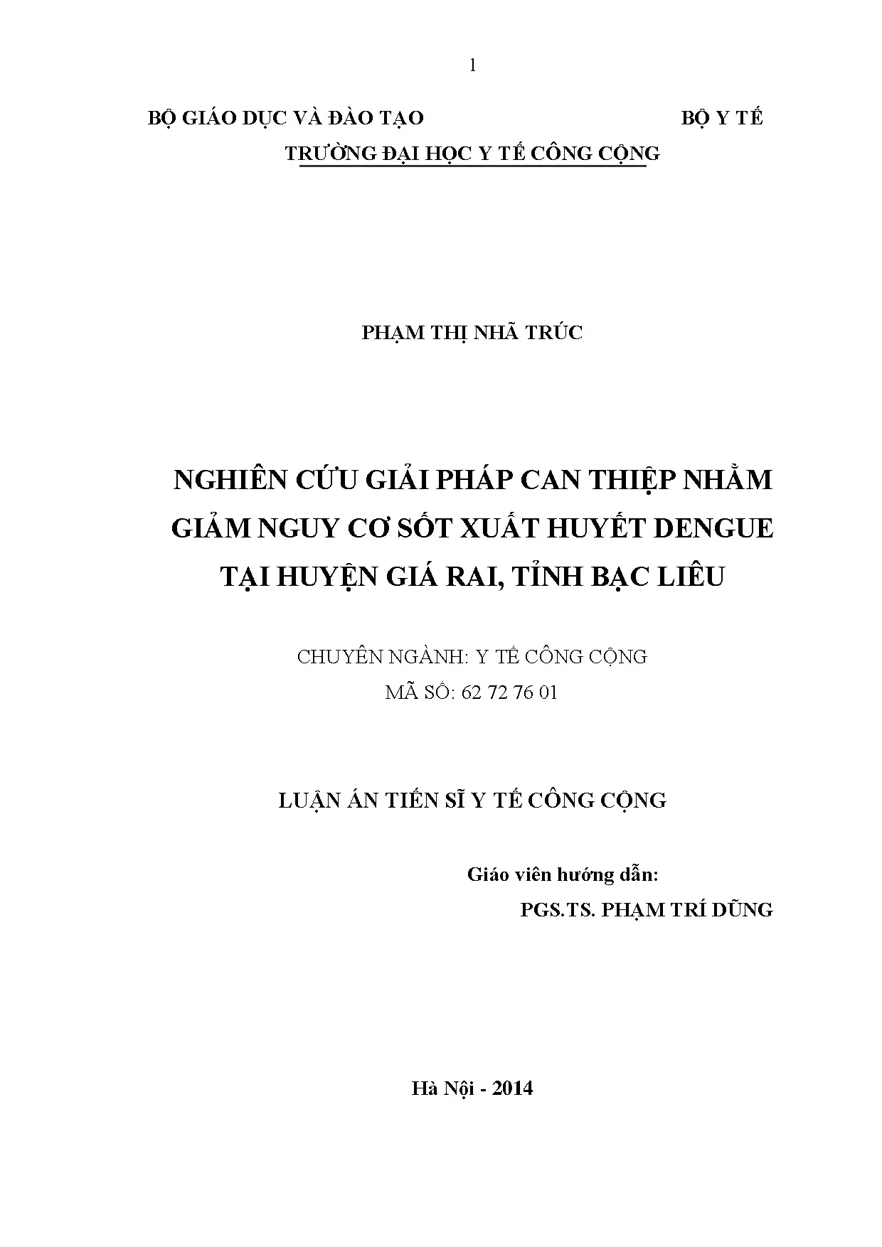 Nghiên cứu giải pháp can thiệp giảm SXHD tại Bạc Liêu