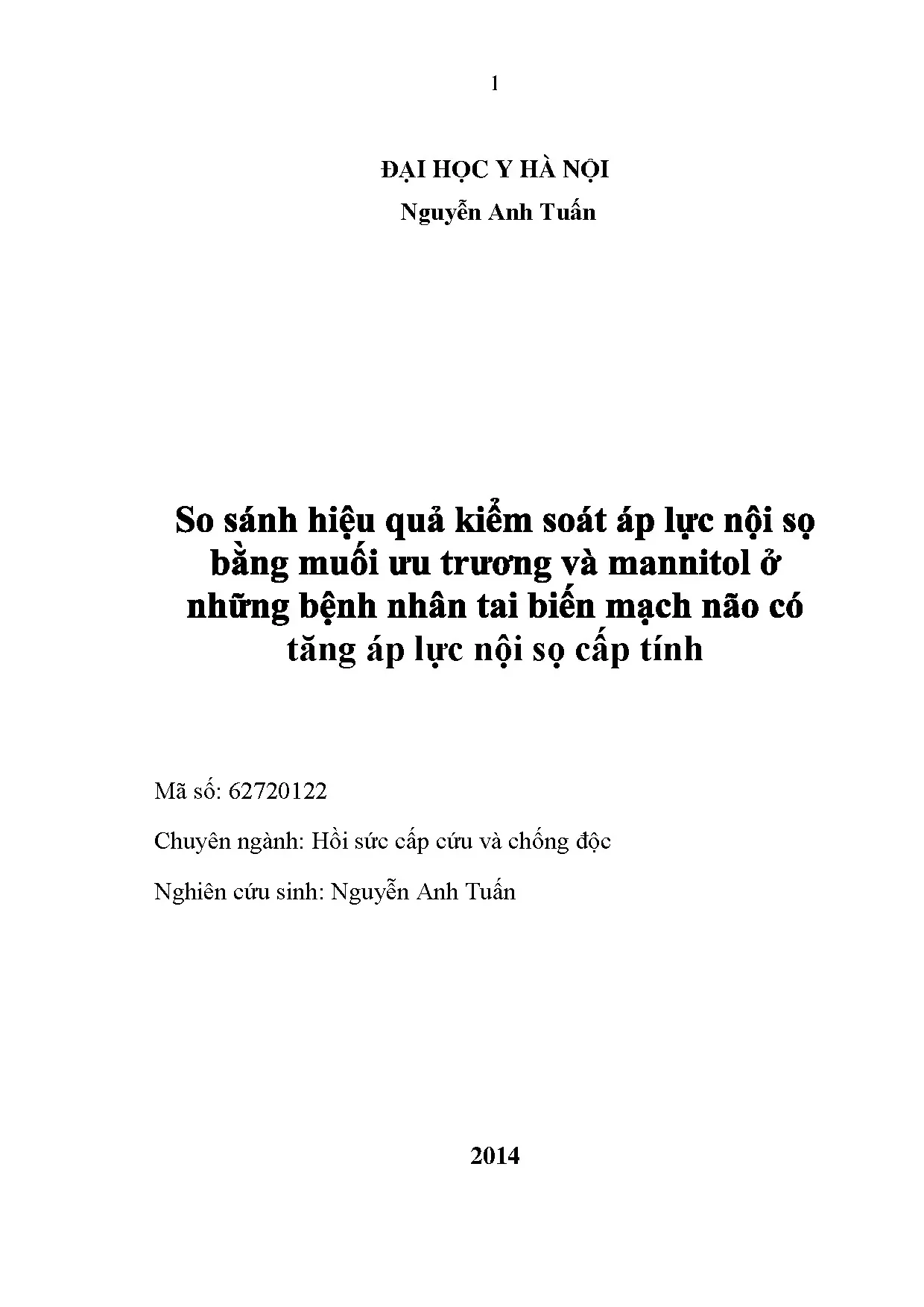 So sánh hiệu quả kiểm soát áp lực nội sọ bằng muối ưu trươn