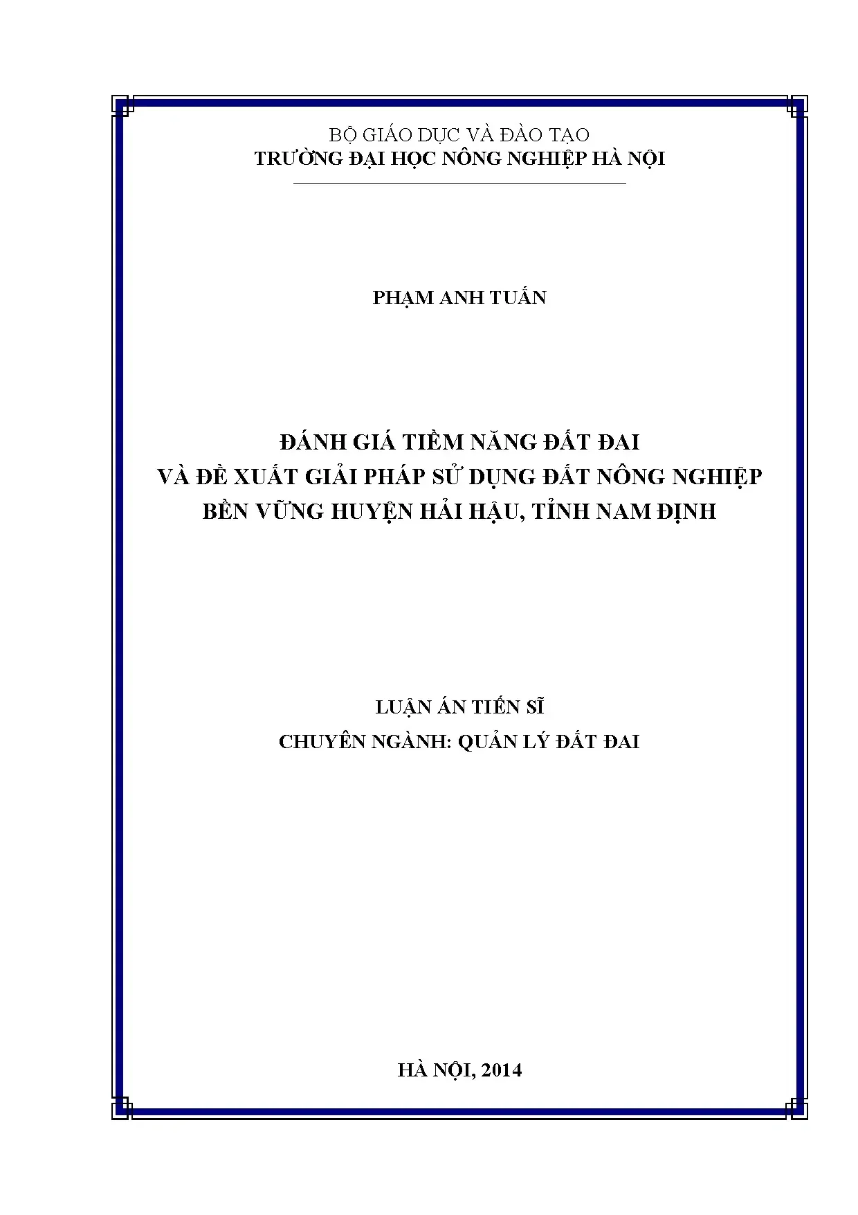Đánh giá tiềm năng đất & giải pháp sử dụng đất NN bền vững Hải Hậu