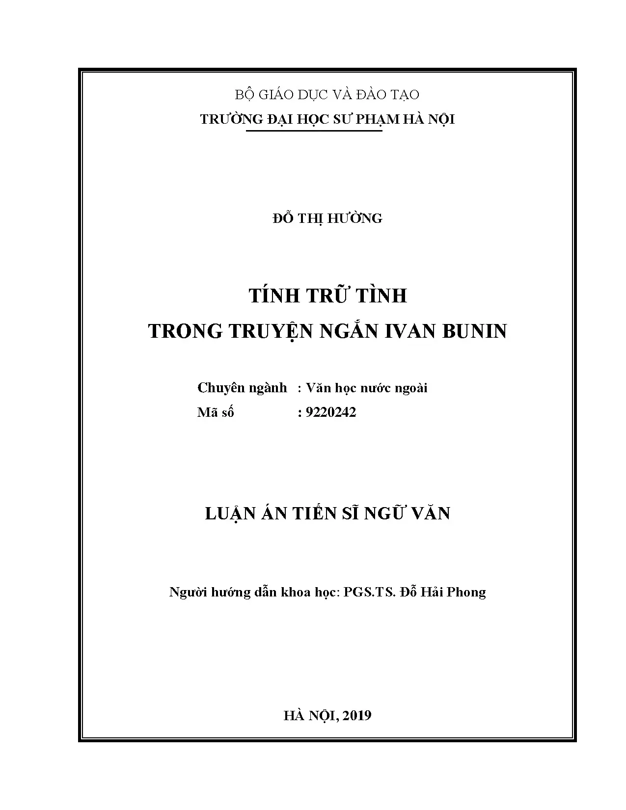 Luận án tiến sĩ: Tính trữ tình truyện ngắn Ivan Bunin