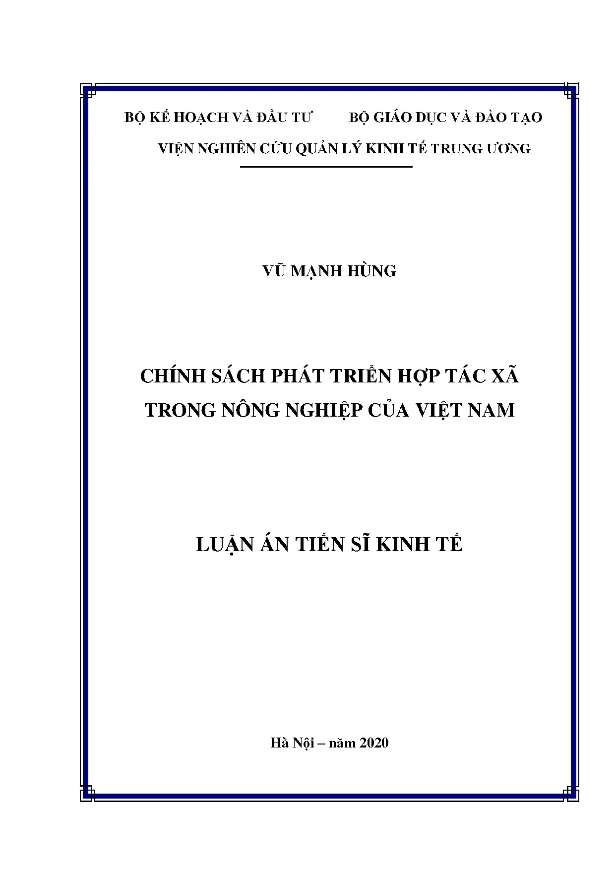 Luận án tiến sĩ: Chính sách phát triển HTX nông nghiệp Việt Nam