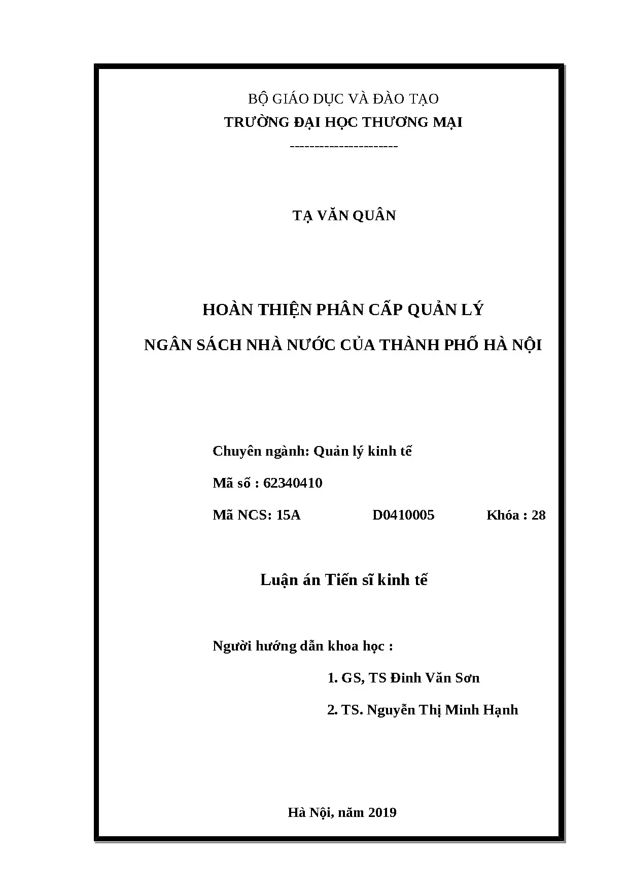 Luận án tiến sỹ hoàn thiện phân cấp quản lý nsnn của thành p
