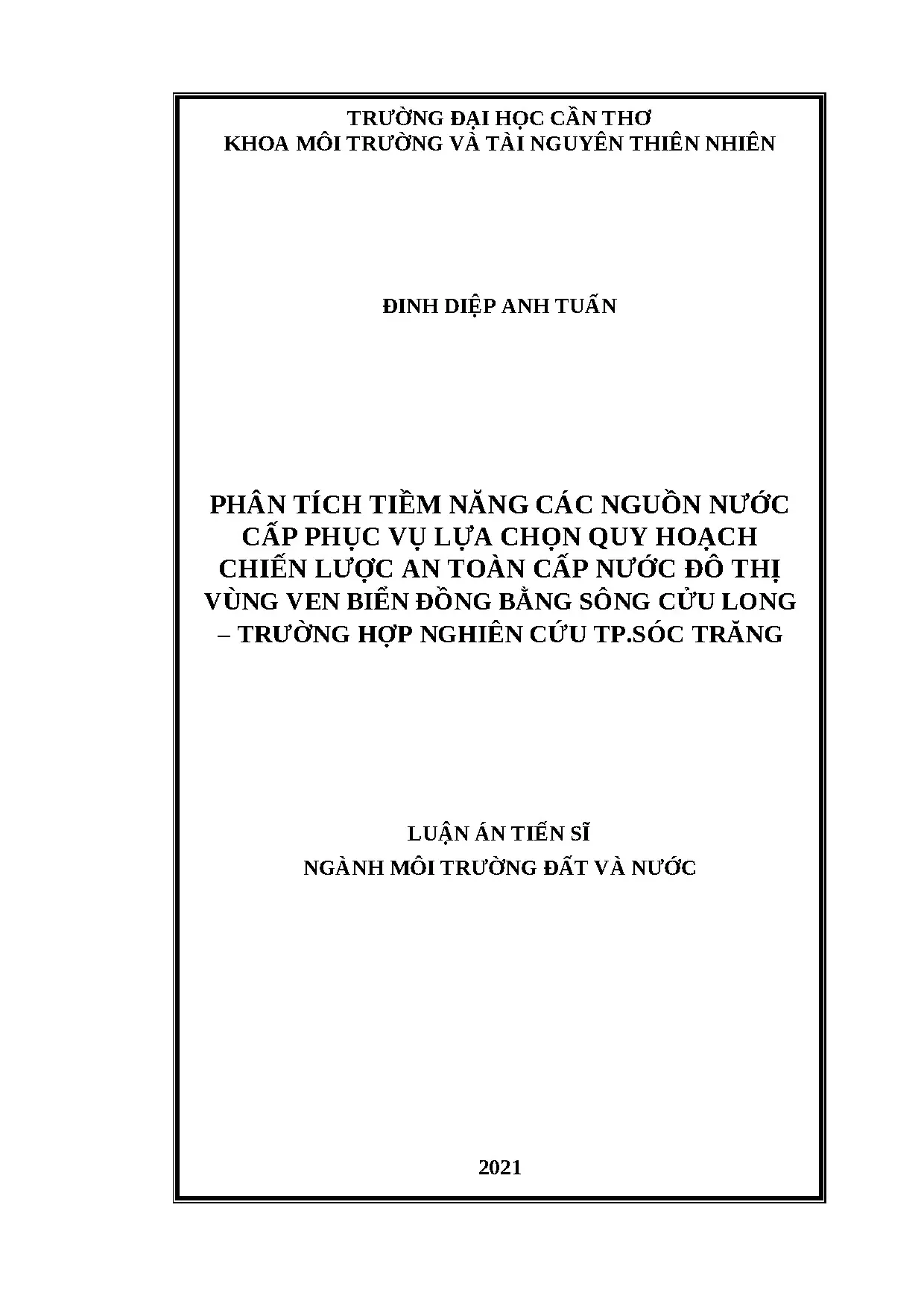 Quy hoạch an toàn cấp nước đô thị ven biển ĐBSCL Sóc Trăng