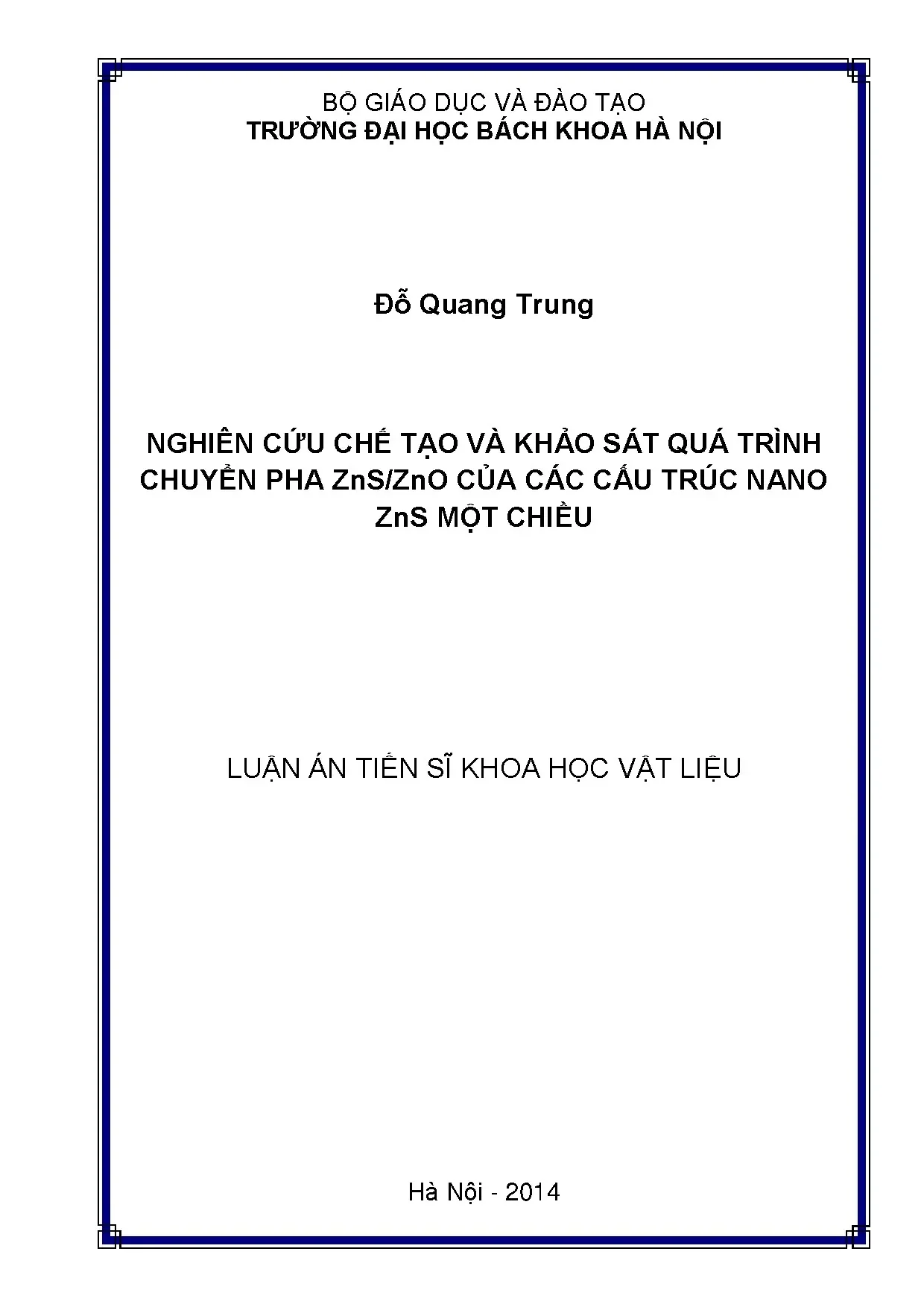 Nghiên cứu chuyển pha ZnS/ZnO của cấu trúc nano ZnS một chiều