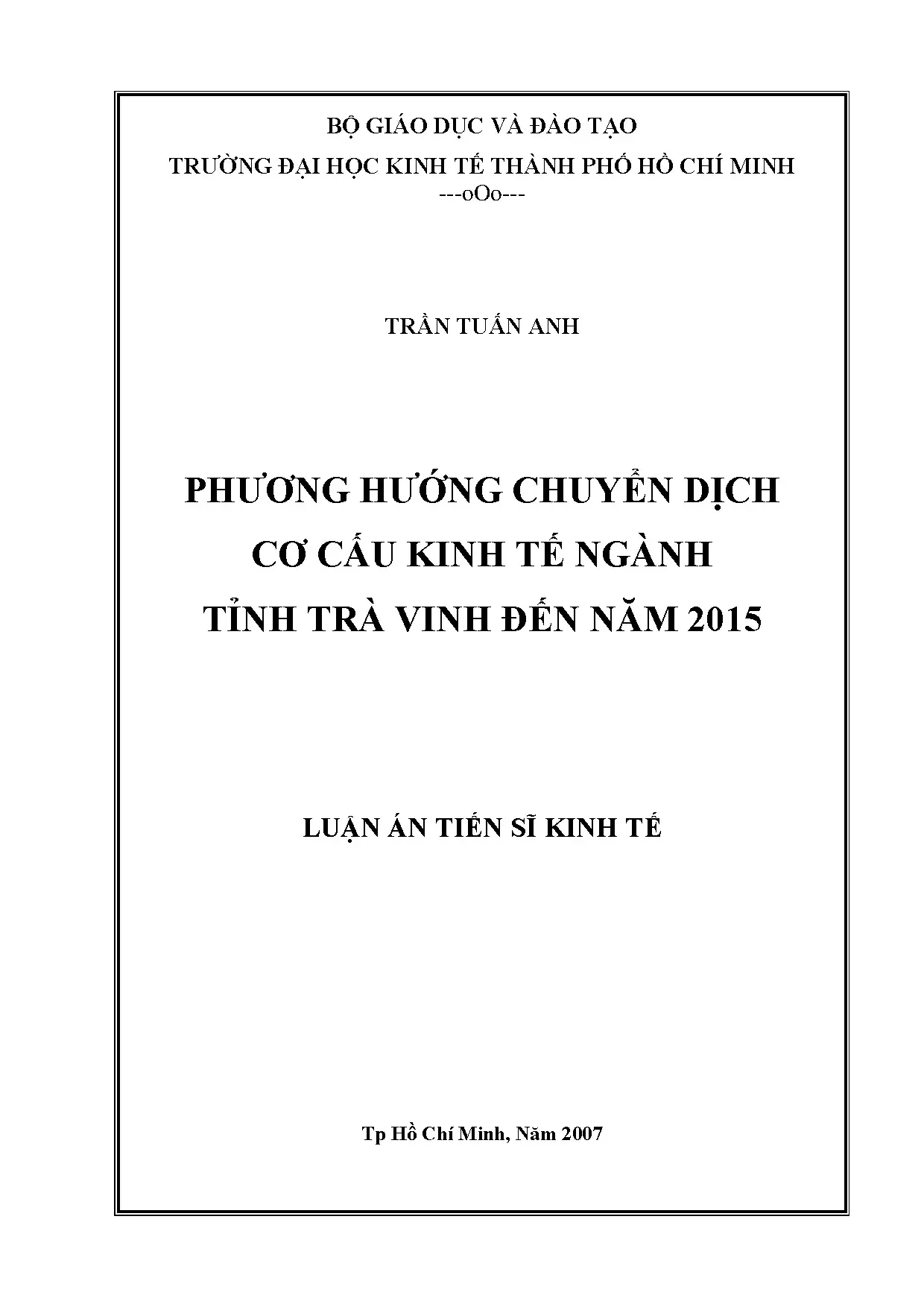 Luận án TS: Chuyển dịch cơ cấu kinh tế ngành Trà Vinh đến 2015