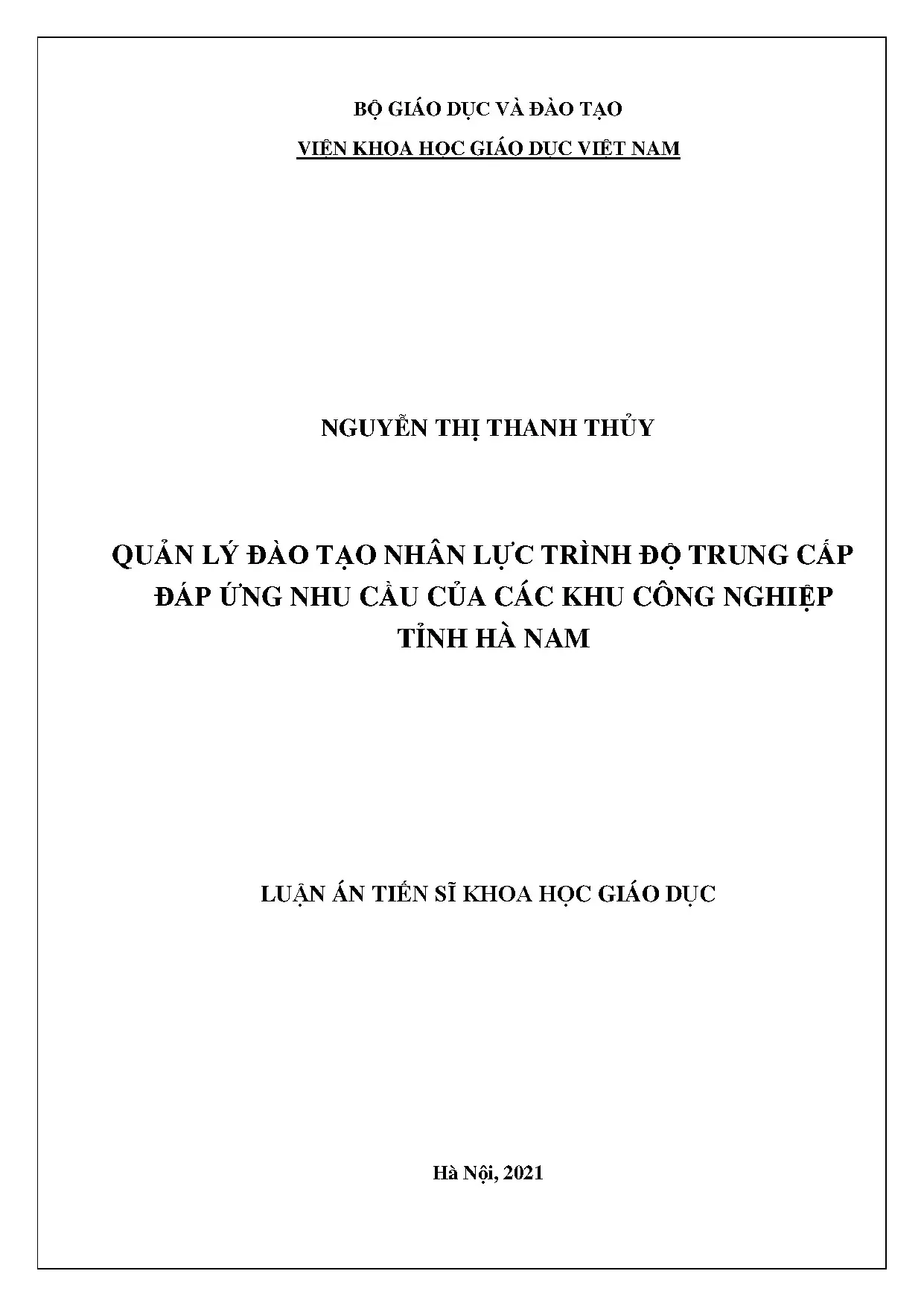 Luận án tiến sĩ quản lý đào tạo nhân lực trình độ trung cấp