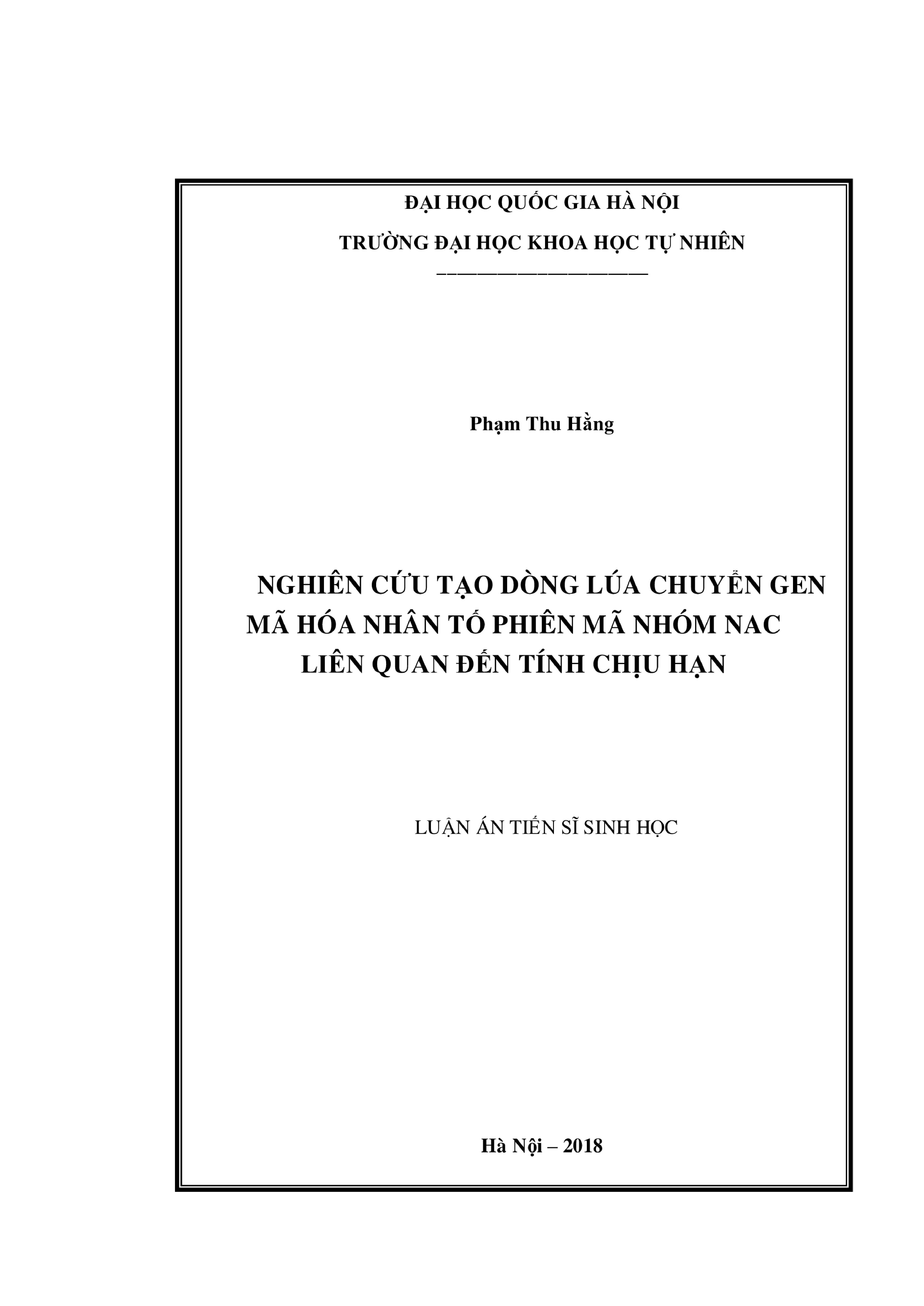 Luận án tiến sĩ nghiên cứu tạo dòng lúa chuyển gen mã hóa nh