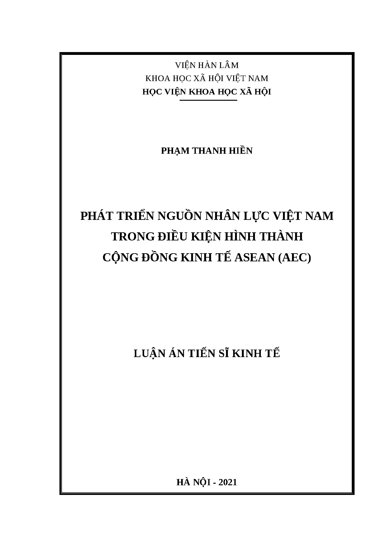 Phát triển Nguồn Nhân Lực Việt Nam trong AEC - Luận án TS