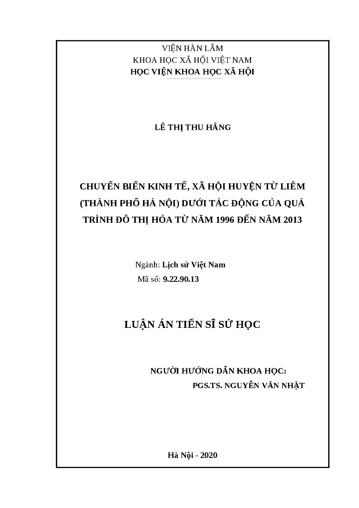 Chuyển biến kinh tế xã hội Từ Liêm do đô thị hóa (1996-2013)