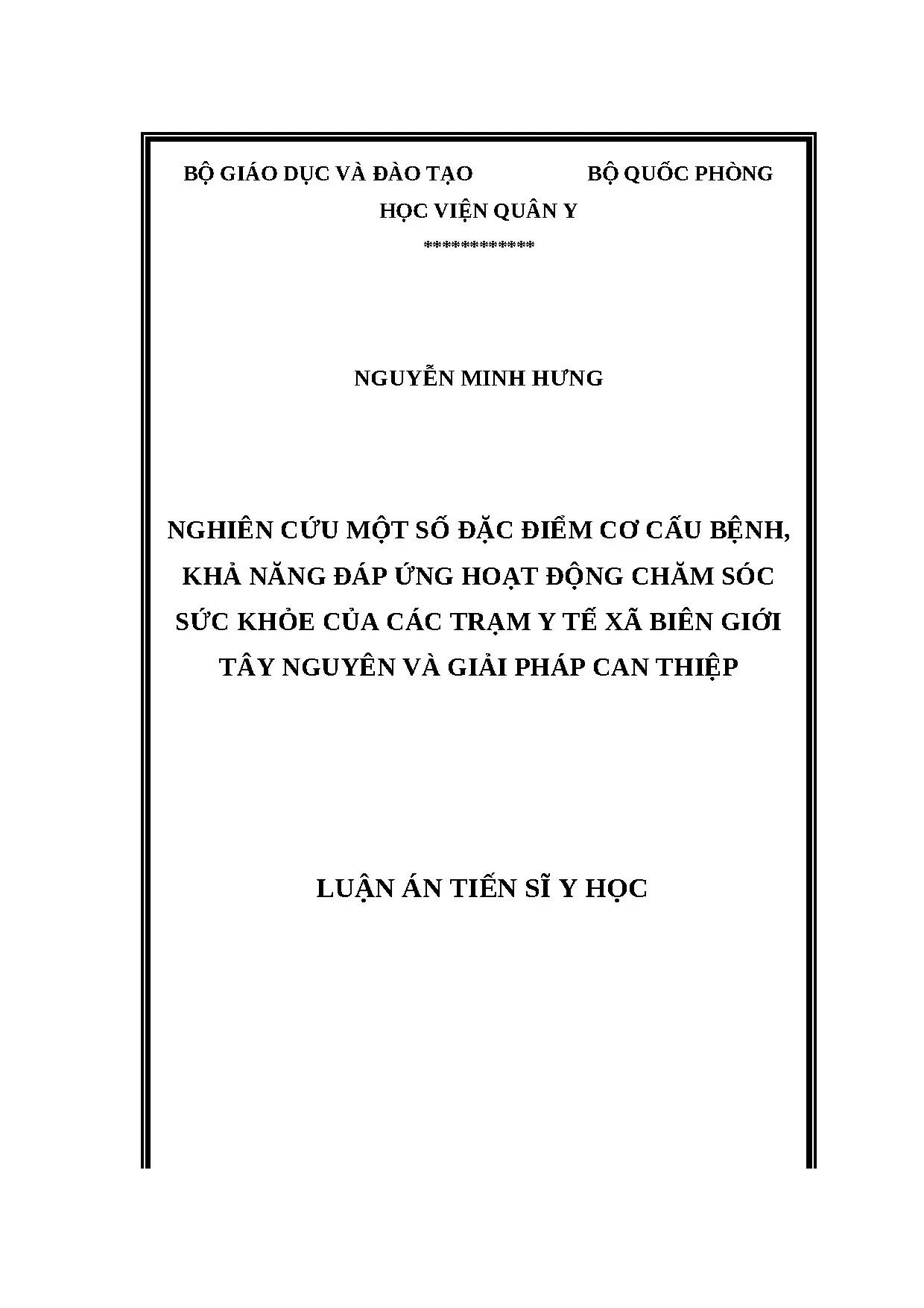 Nghiên cứu cơ cấu bệnh, đáp ứng y tế trạm biên giới Tây Nguyên
