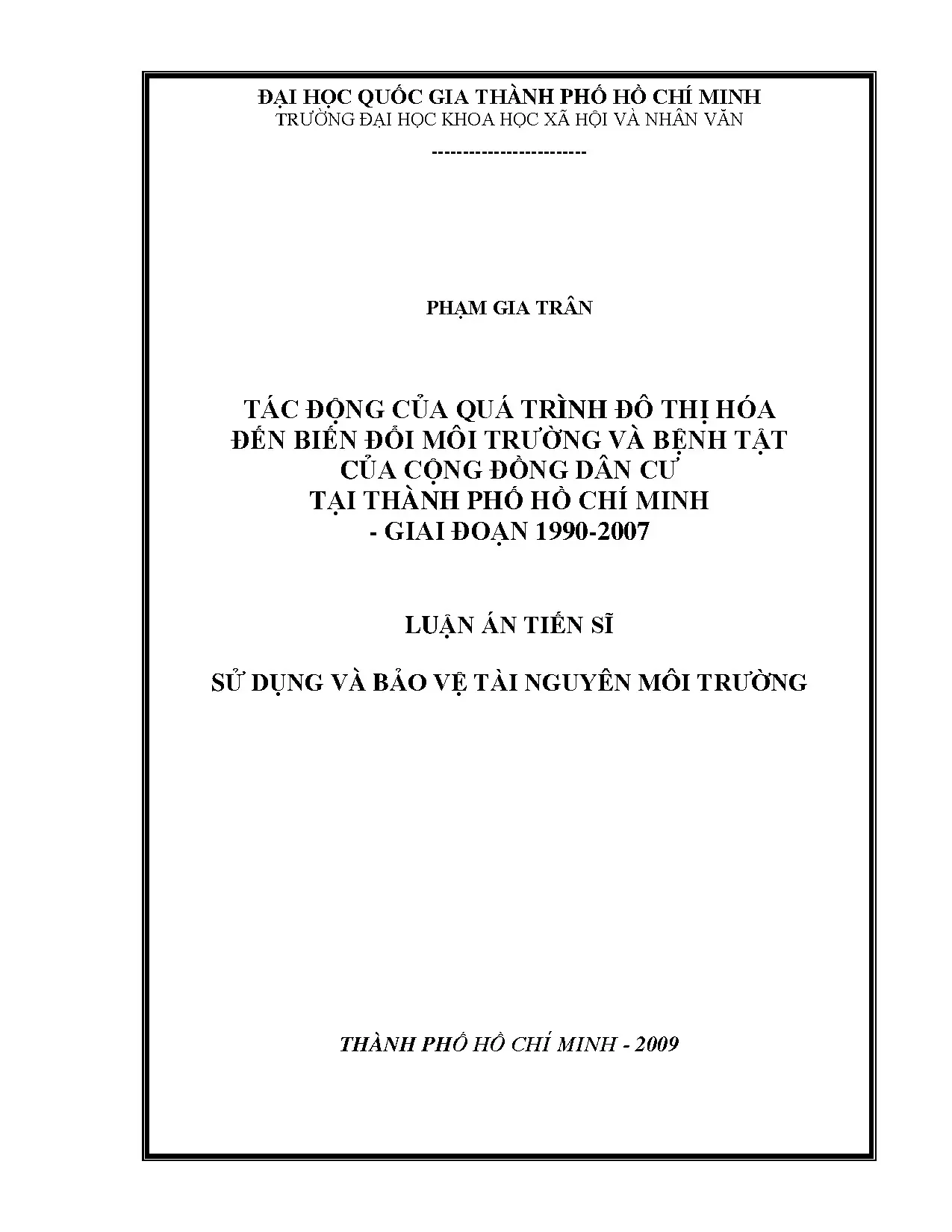 Tác động đô thị hóa đến môi trường, bệnh tật tại TP.HCM 1990-2007