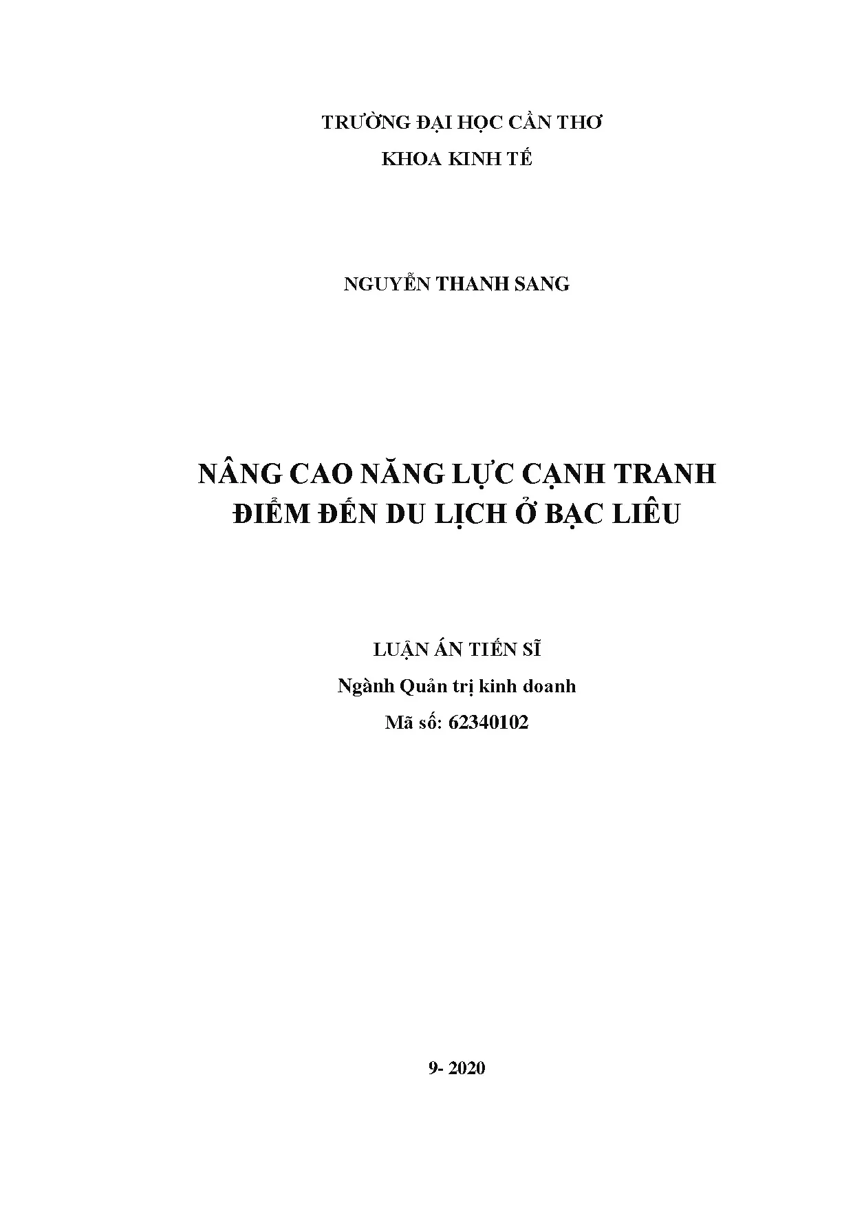Luận án TS: Nâng cao năng lực cạnh tranh điểm đến du lịch Bạc Liêu