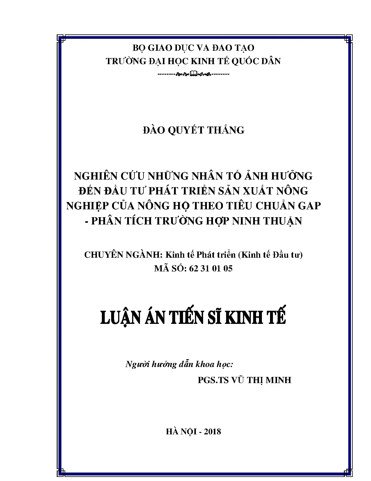 Nhân tố ảnh hưởng đầu tư nông nghiệp nông hộ theo GAP ở Ninh Thuận