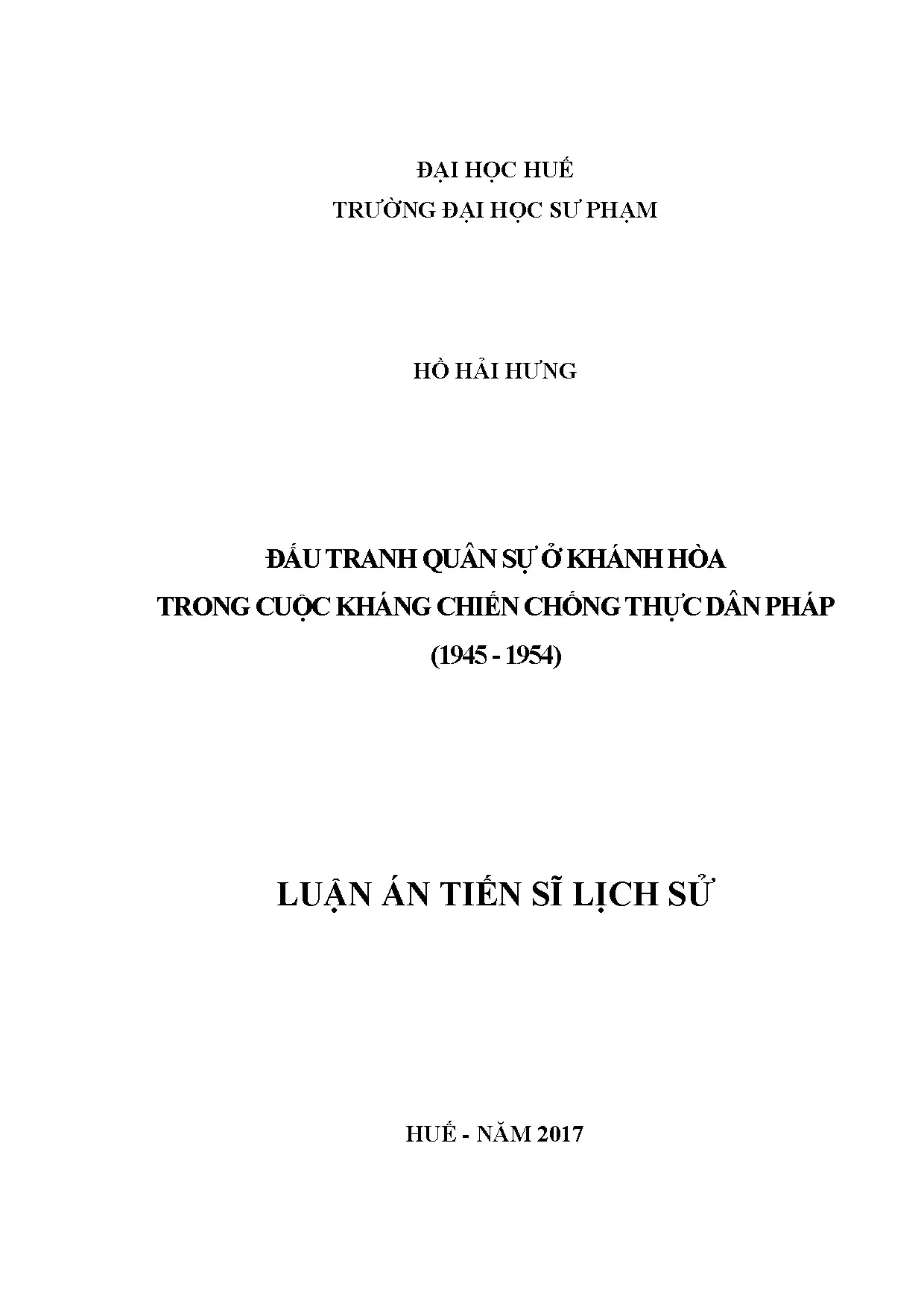 Luận án TS: Đấu tranh quân sự Khánh Hòa kháng Pháp (1945-1954)