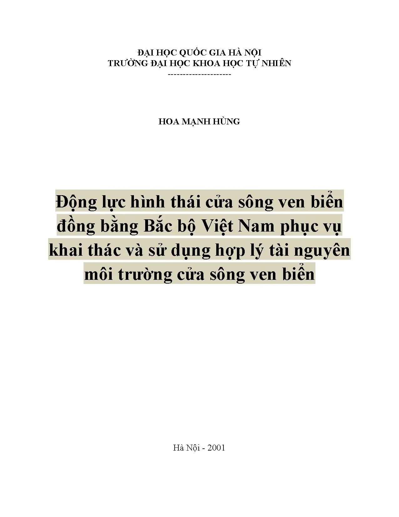 Động lực hình thái cửa sông ven biển ĐB Bắc Bộ và khai thác TNMT