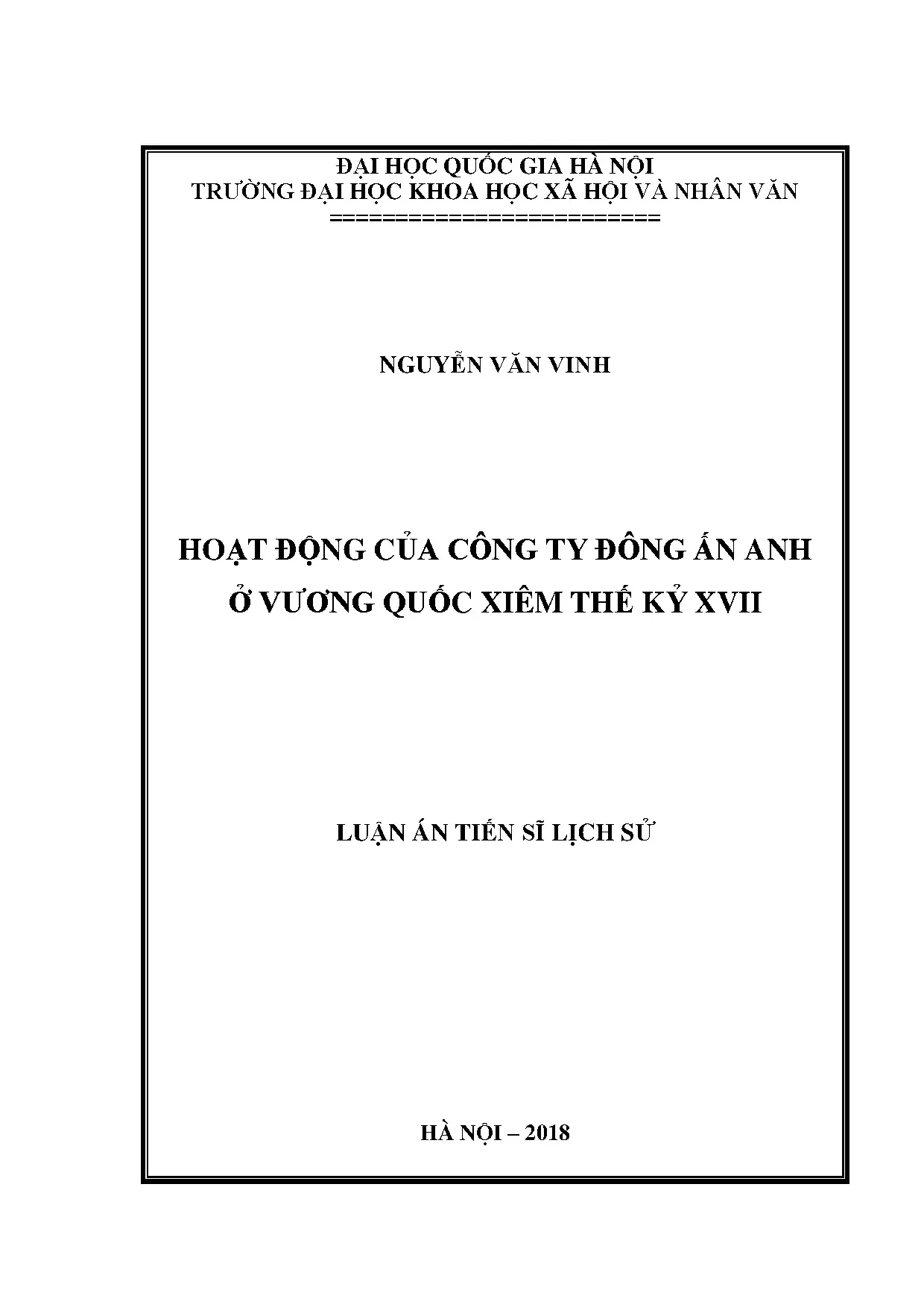 Luận án: Hoạt động Công ty Đông Ấn Anh tại Xiêm thế kỷ XVII