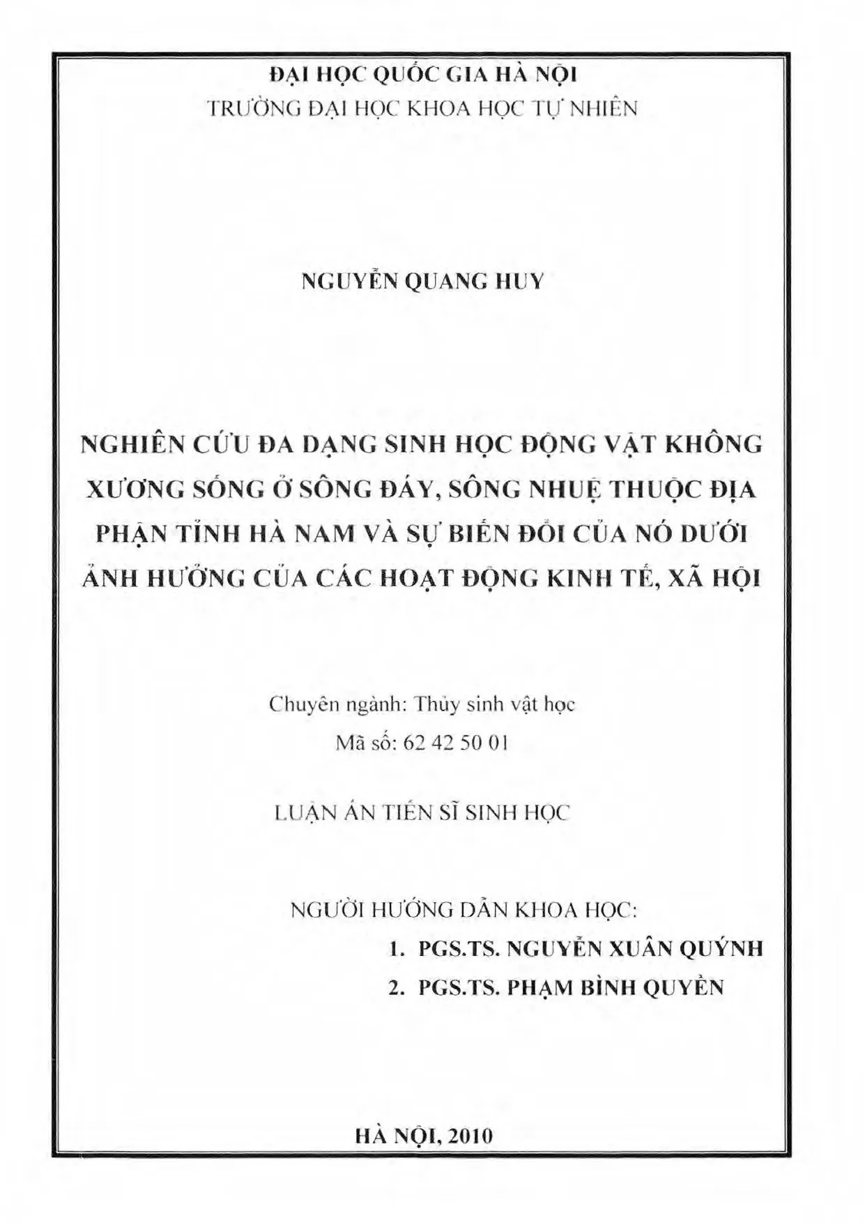 Đa dạng sinh học ĐVKXS sông Đáy Nhuệ Hà Nam: Ảnh hưởng KT-XH