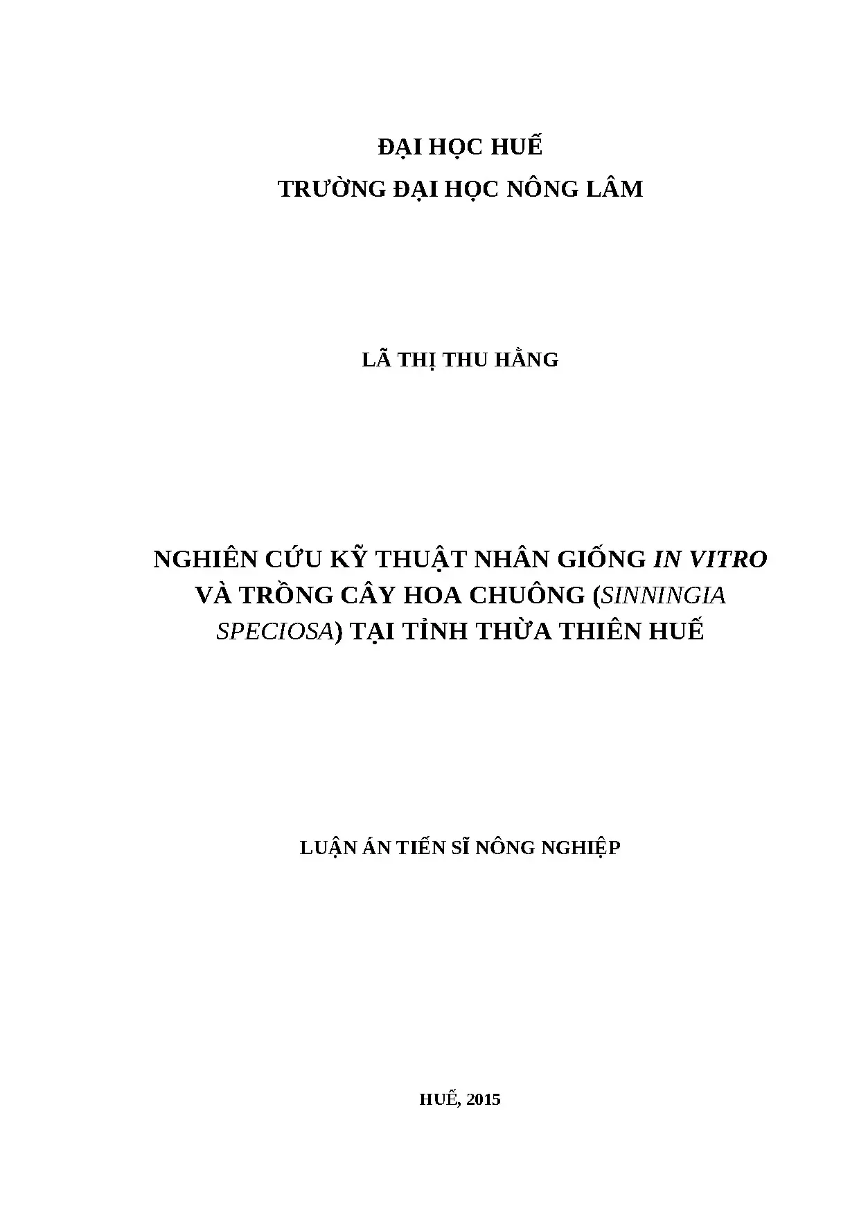 Kỹ thuật nhân giống in vitro hoa chuông Sinningia speciosa tại Thừa Thiên Huế