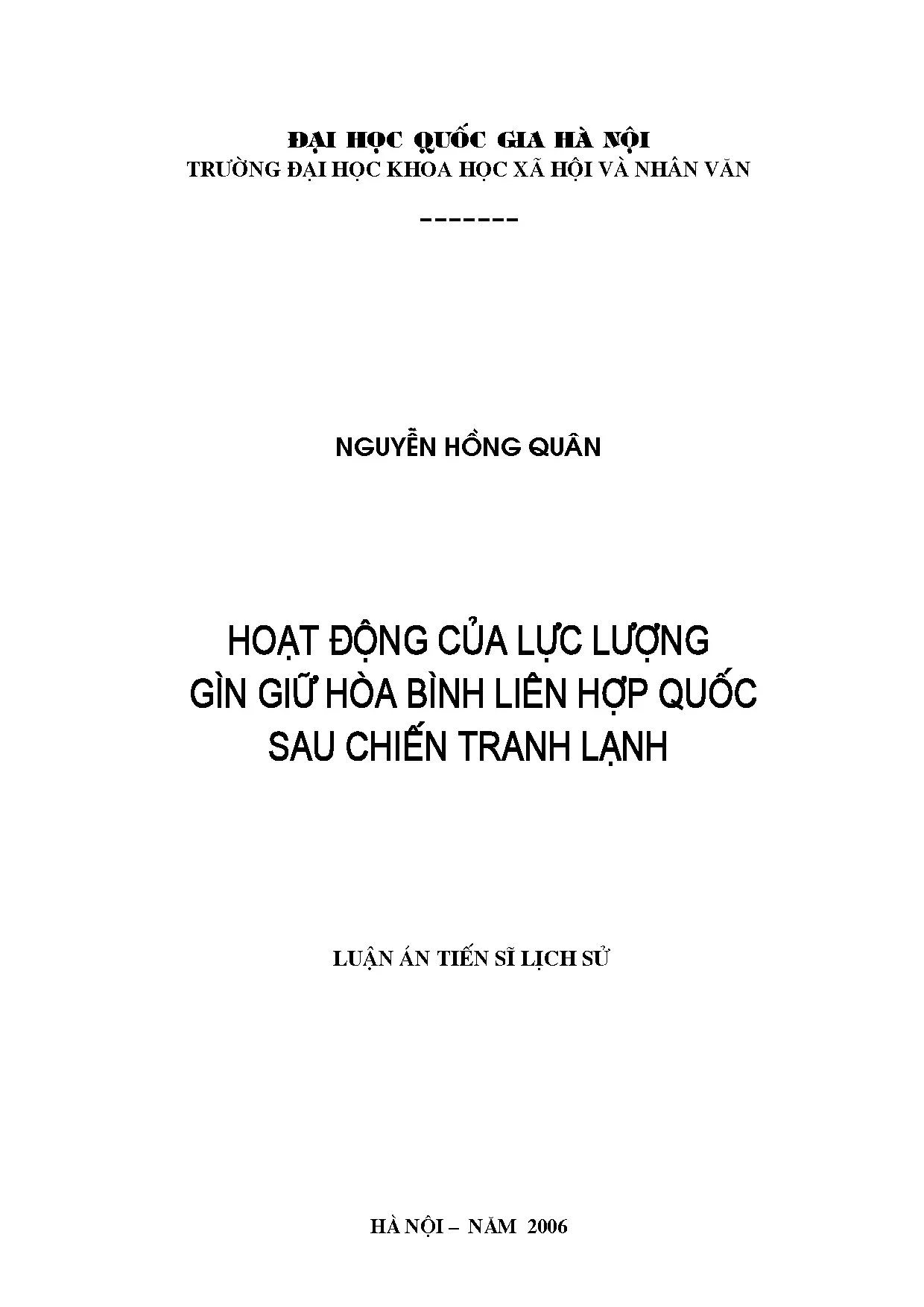 Luận án: Hoạt động lực lượng gìn giữ hòa bình LHQ sau Chiến tranh lạnh