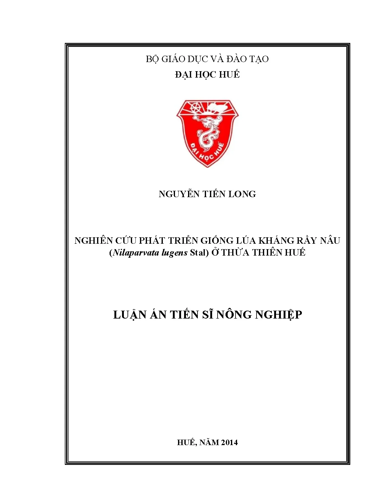 Nghiên cứu phát triển giống lúa kháng rầy nâu Thừa Thiên Huế