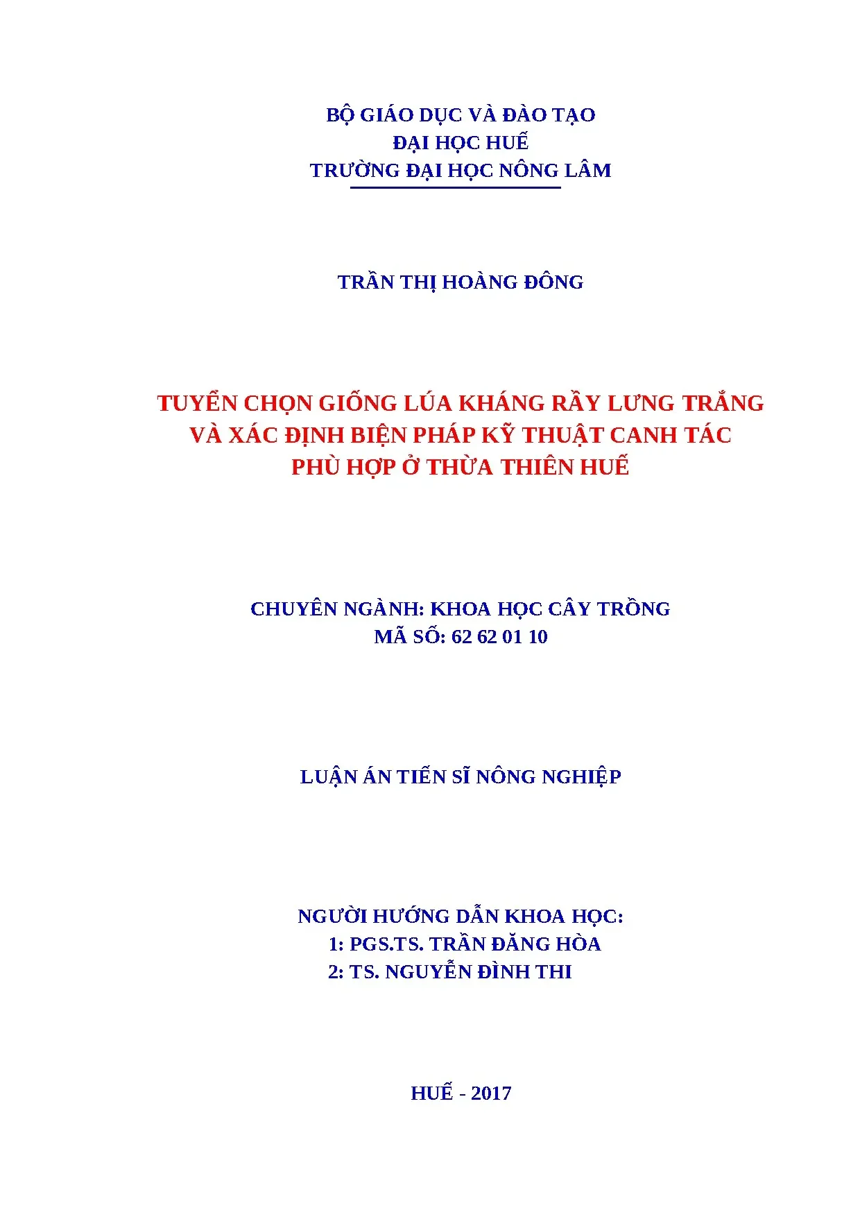 Luận án tiến sĩ tuyển chọn giống lúa kháng rầy lưng trắng và