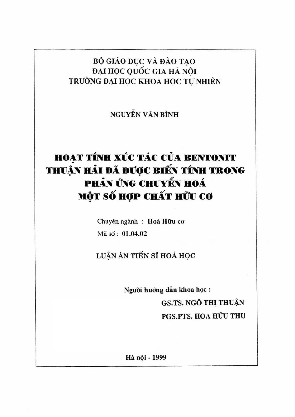 Luận án tiến sĩ hoạt tính xúc tác của bentonít thuận hải đã