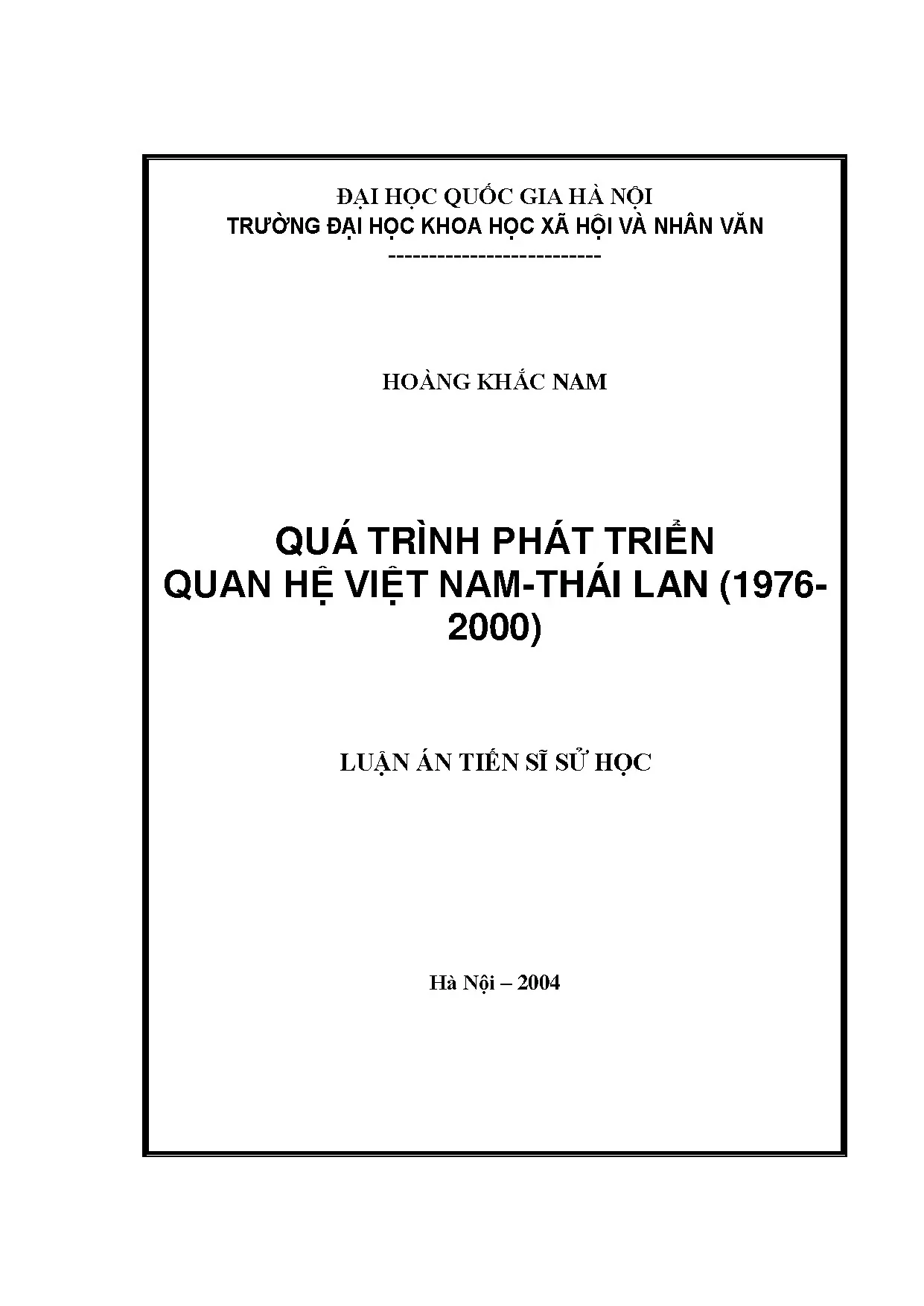 Luận án về quan hệ Việt Nam-Thái Lan giai đoạn 1976-2000