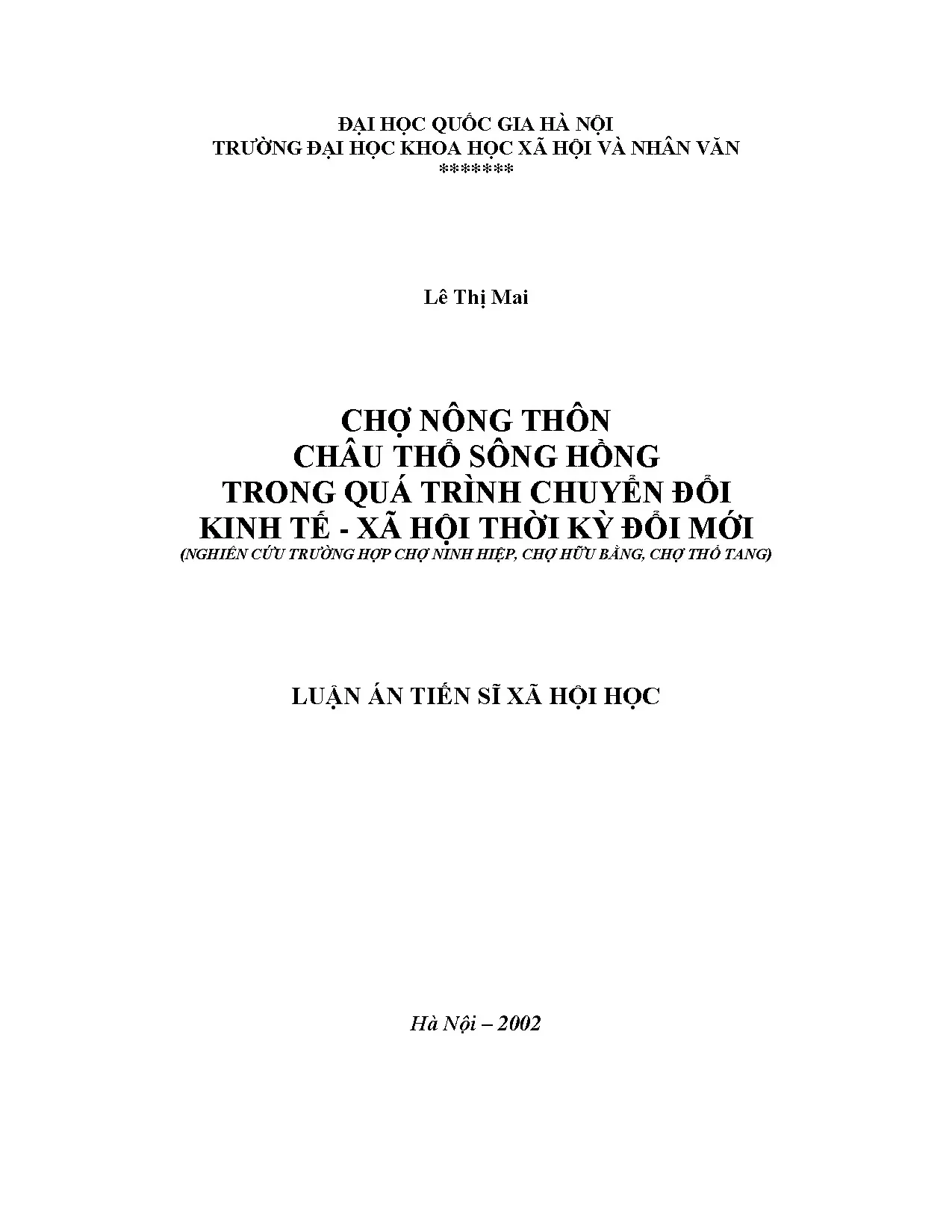 Luận án: Chợ nông thôn ĐBSH trong chuyển đổi kinh tế xã hội