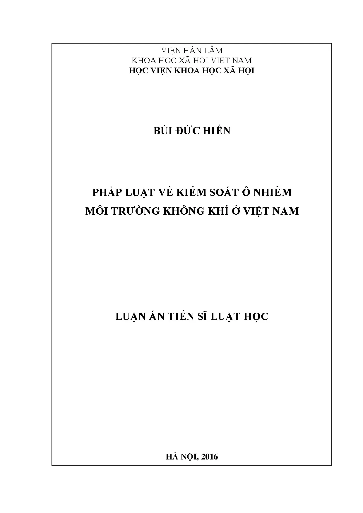 Luận án tiến sĩ: Pháp luật kiểm soát ô nhiễm không khí Việt Nam