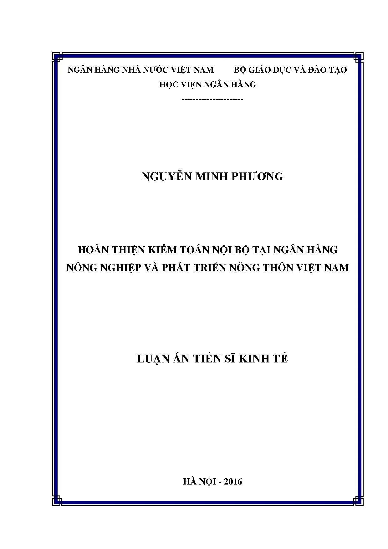 Luận án tiến sĩ hoàn thiện kiểm toán nội bộ tại ngân hàng nô