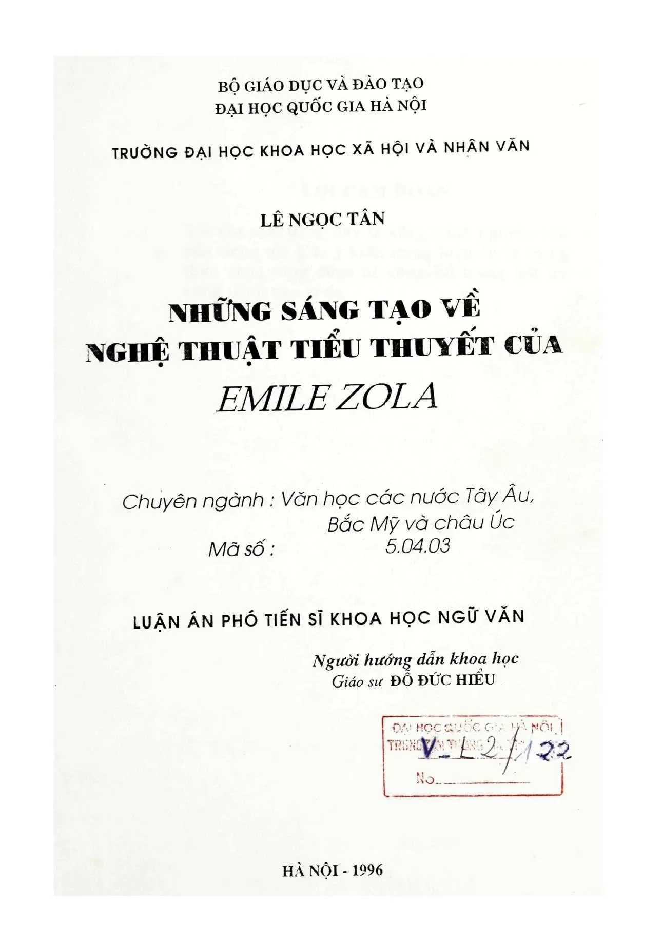 Sáng tạo nghệ thuật tiểu thuyết Emile Zola - Luận án tiến sĩ