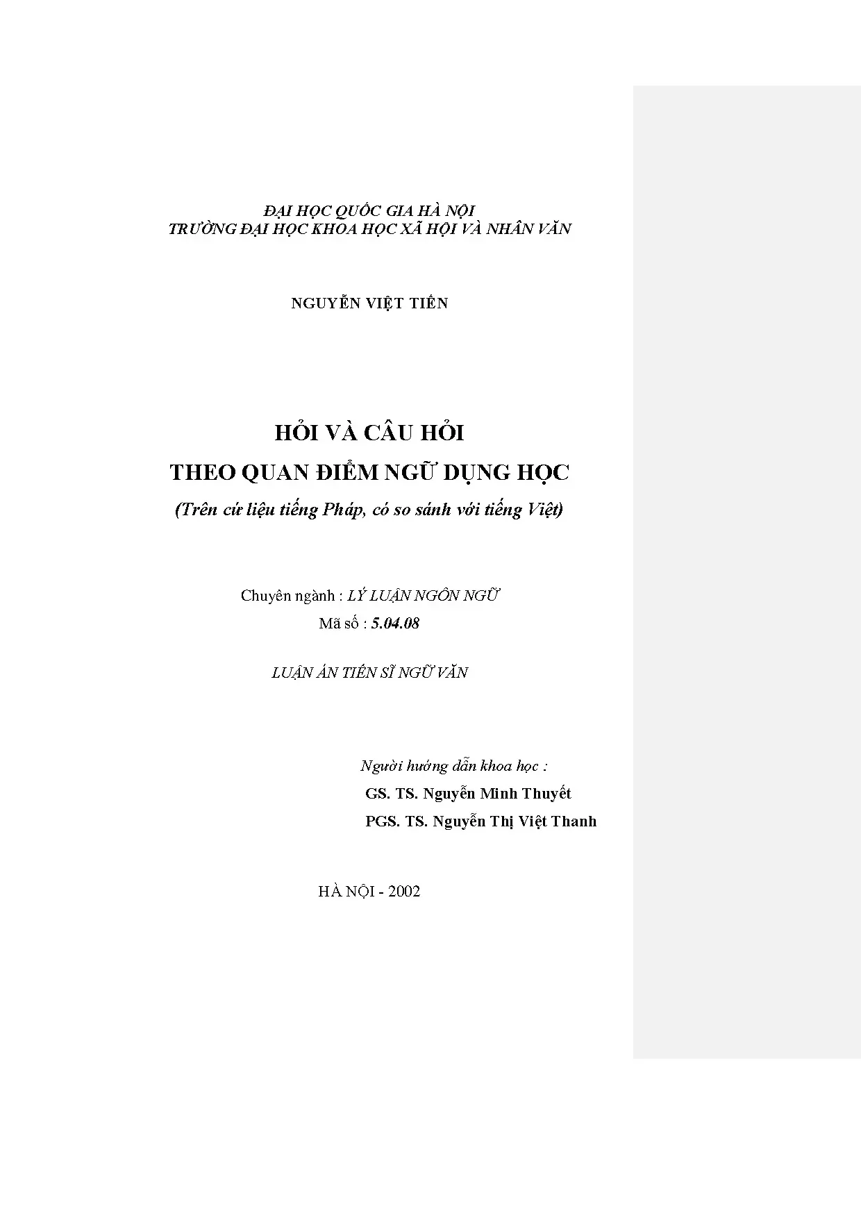 Luận án tiến sĩ hỏi và câu hỏi theo quan điểm ngữ dụng học t