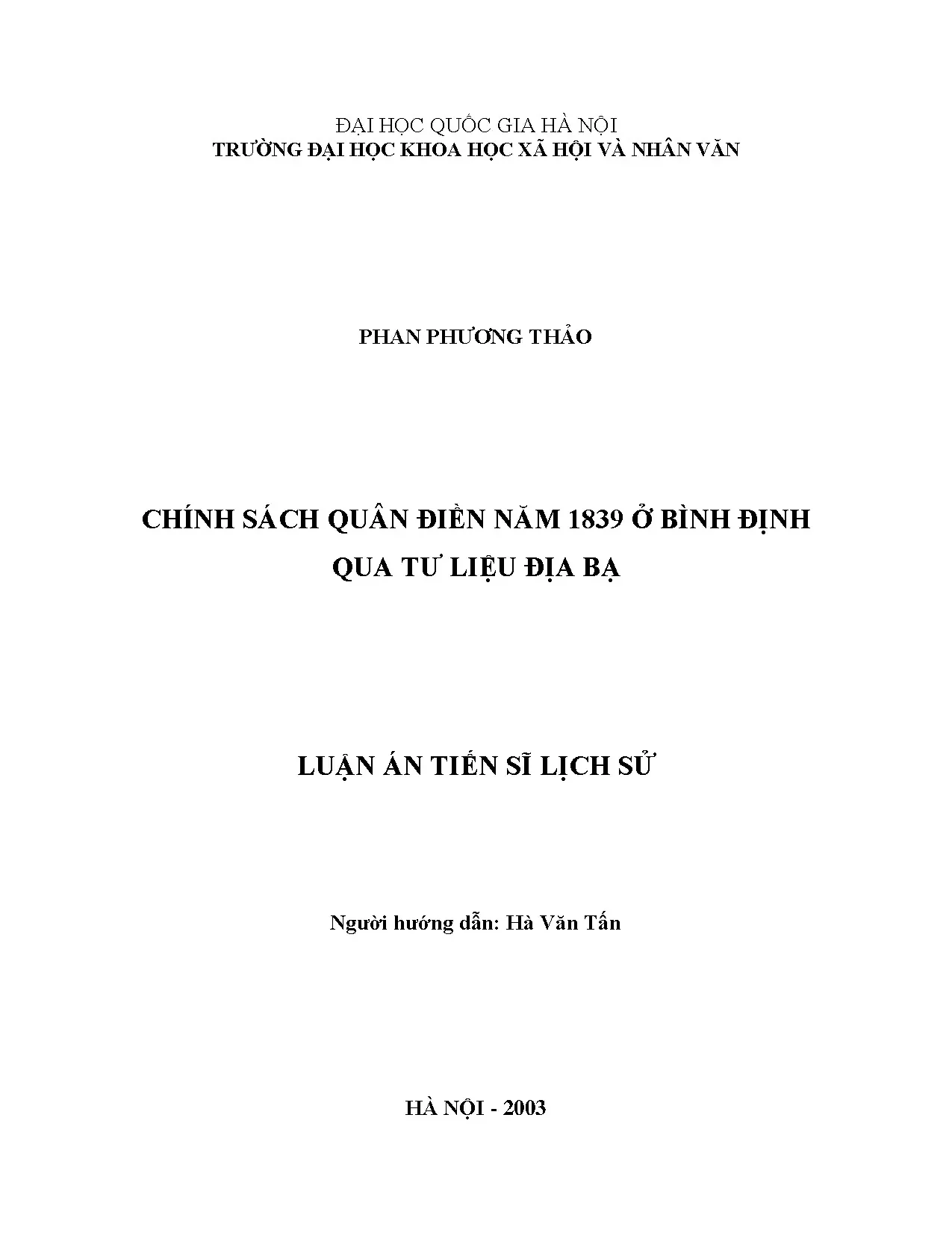 Luận án tiến sĩ chính sách quân điền năm 1839 ở bình định qu