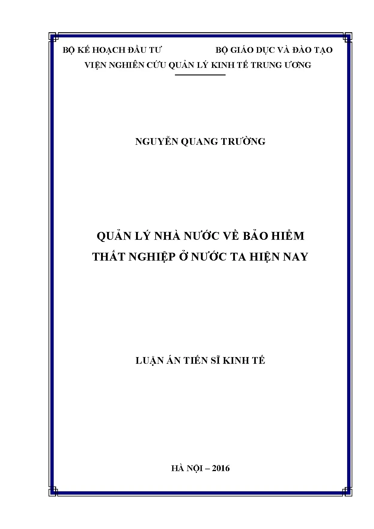 Luận án tiến sĩ quản lý nhà nước về bảo hiểm thất nghiệp ở n