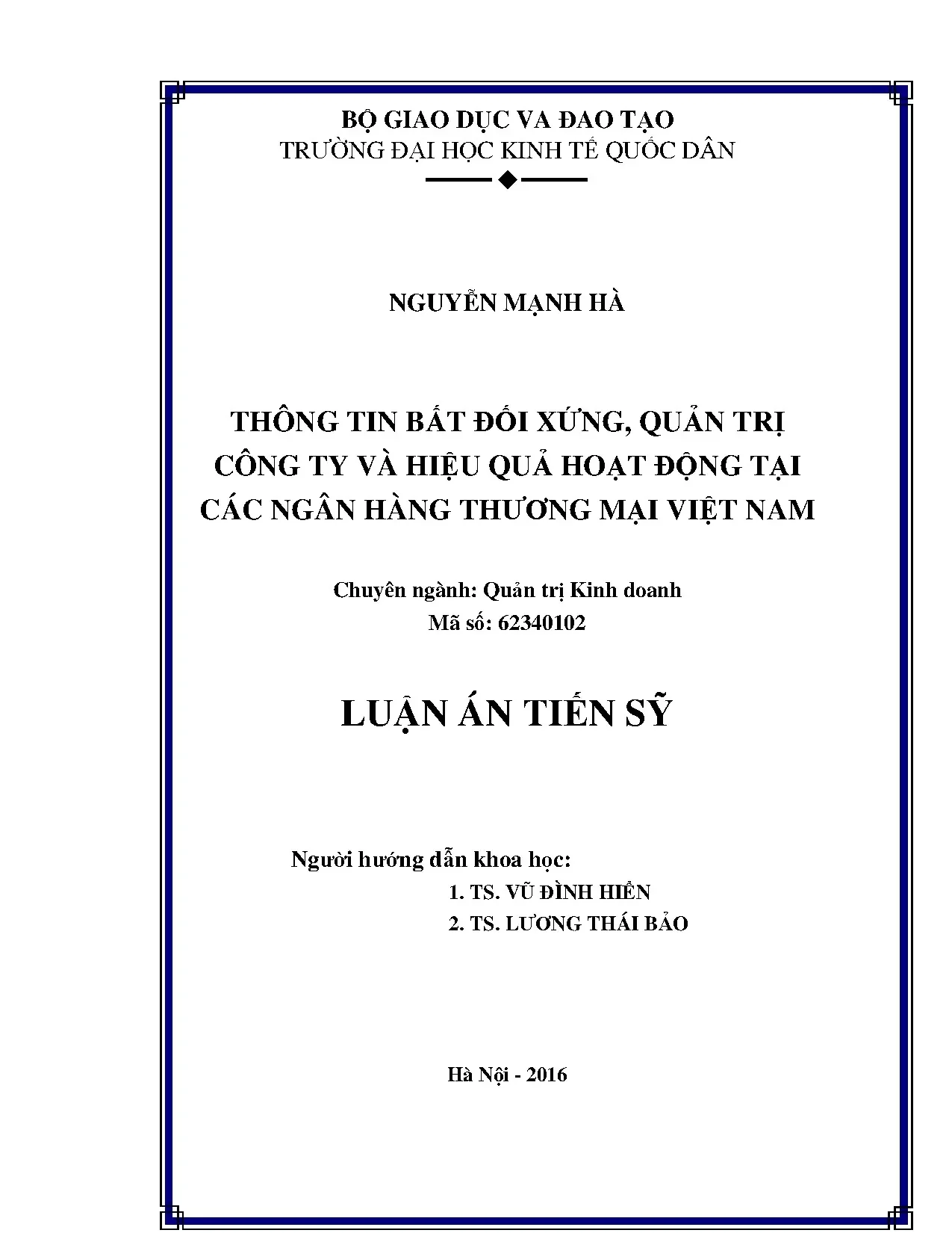 Luận án tiến sĩ thông tin bất đối xứng quản trị công ty và h