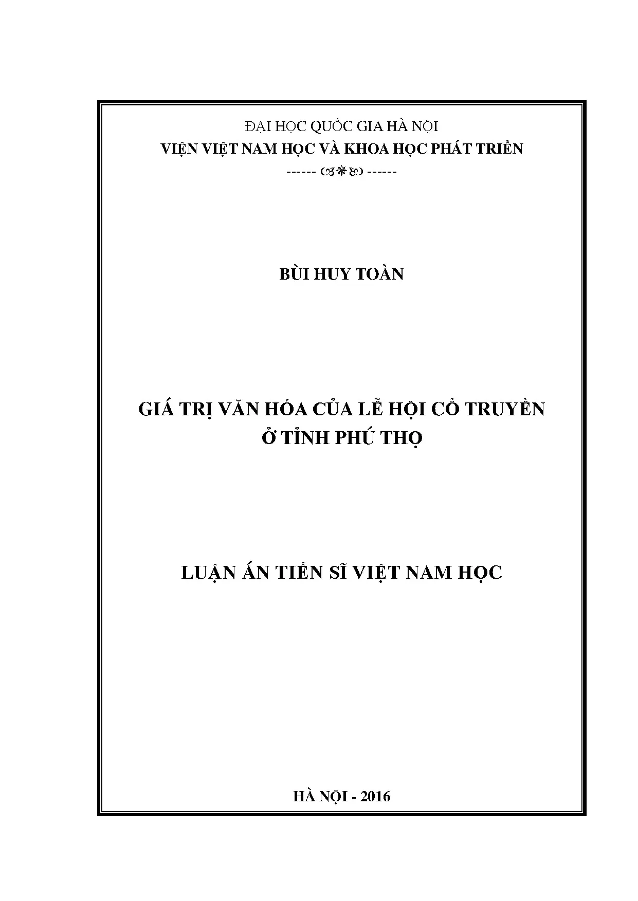 Luận án tiến sĩ giá trị văn hóa của lễ hội cổ truyền ở tỉnh
