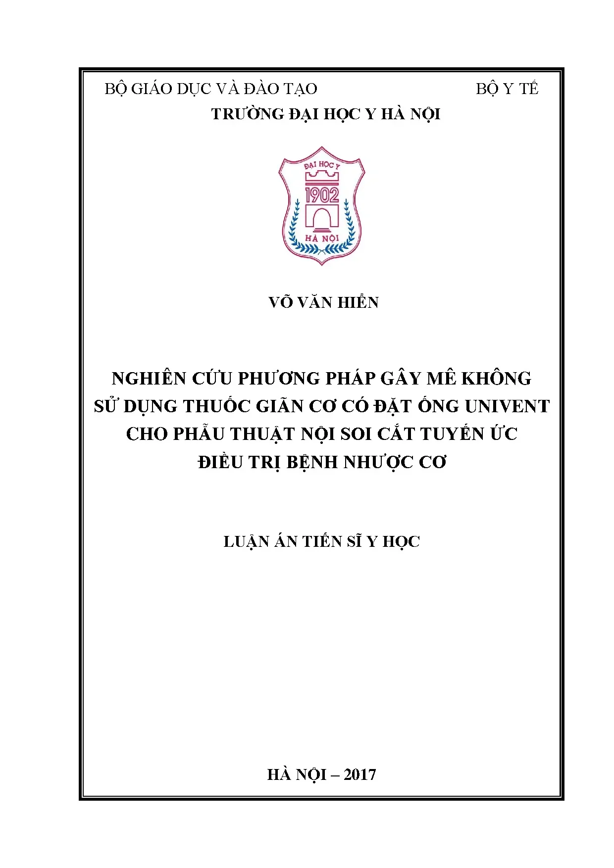 Gây mê không giãn cơ, Univent cho cắt tuyến ức điều trị nhược cơ