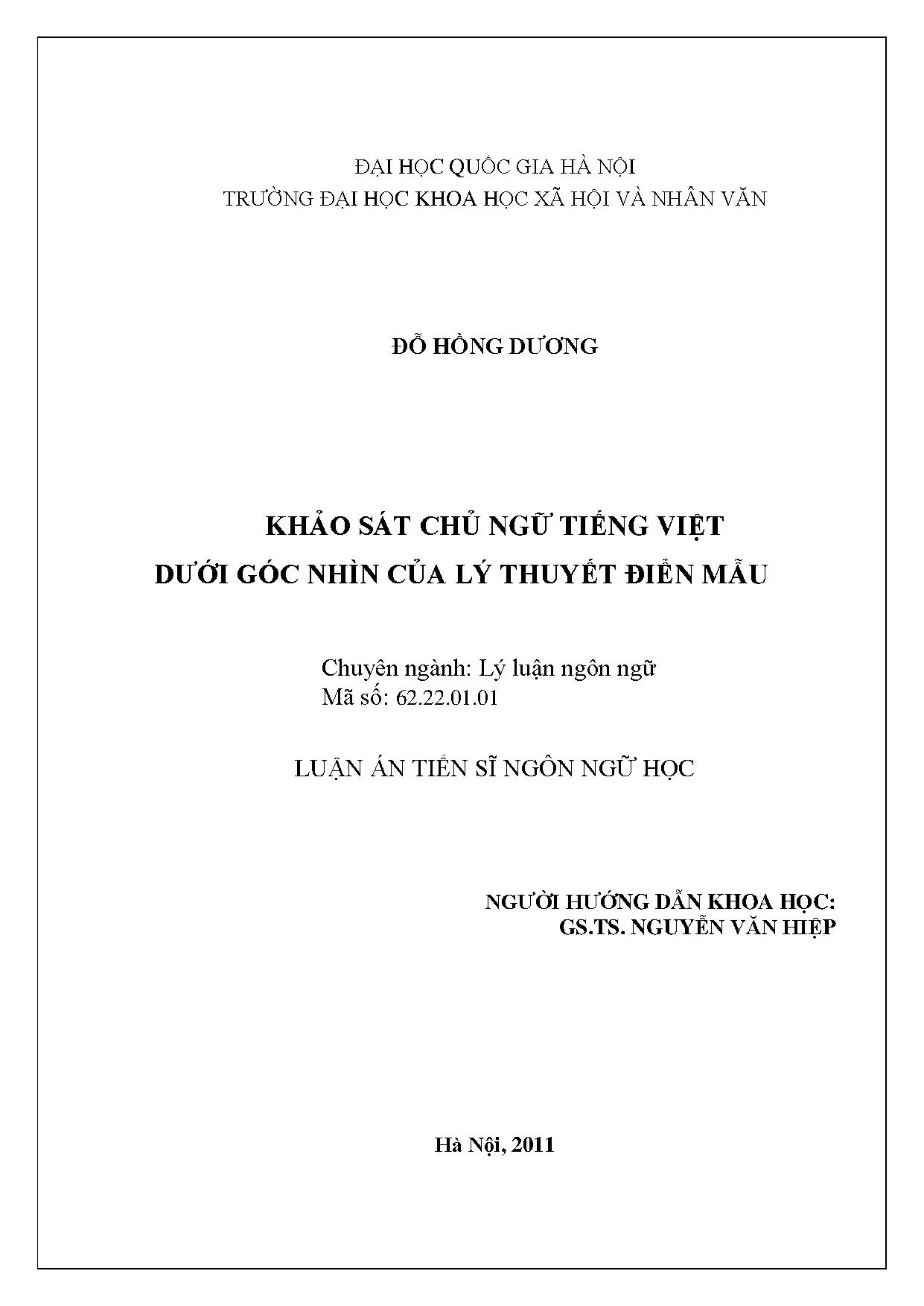 Khảo sát chủ ngữ tiếng Việt theo lý thuyết điển mẫu