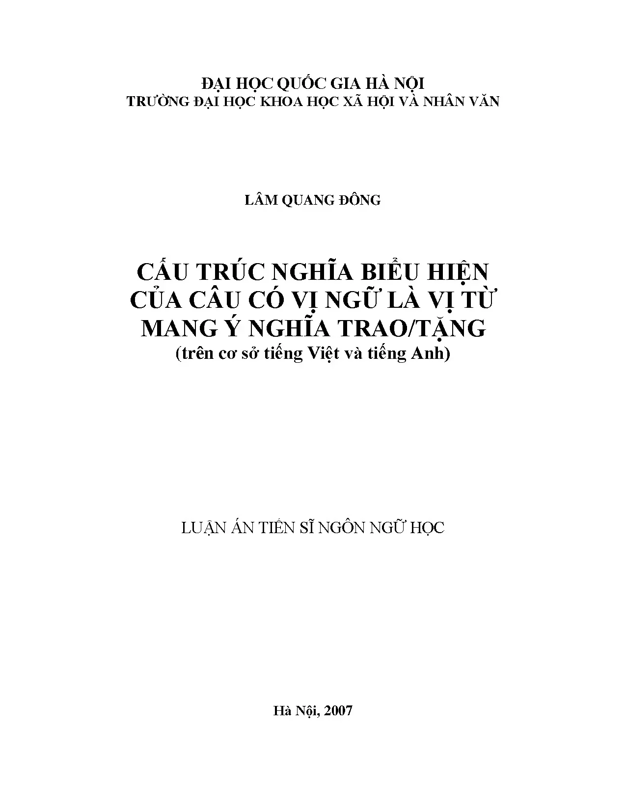 Cấu trúc nghĩa câu với vị từ trao/tặng - Luận án TS