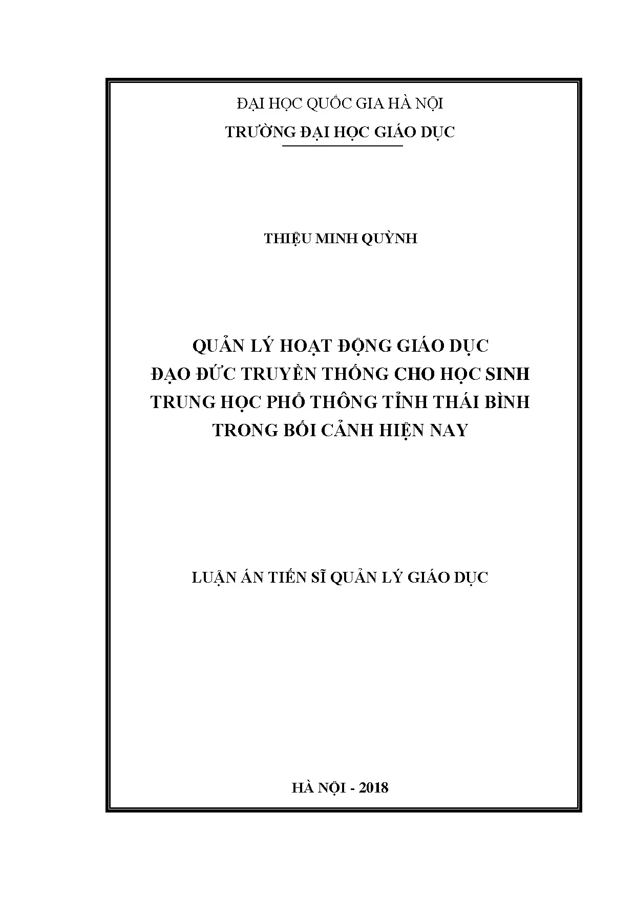 Quản lý giáo dục đạo đức cho học sinh THPT Thái Bình