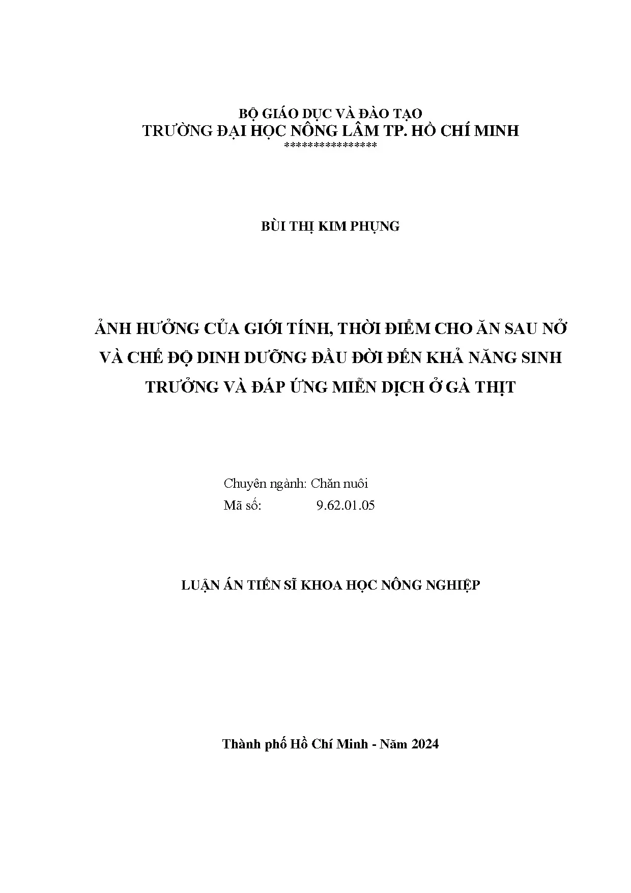 Luận án tiến sĩ ảnh hưởng của giới tính thời điểm cho ăn sau