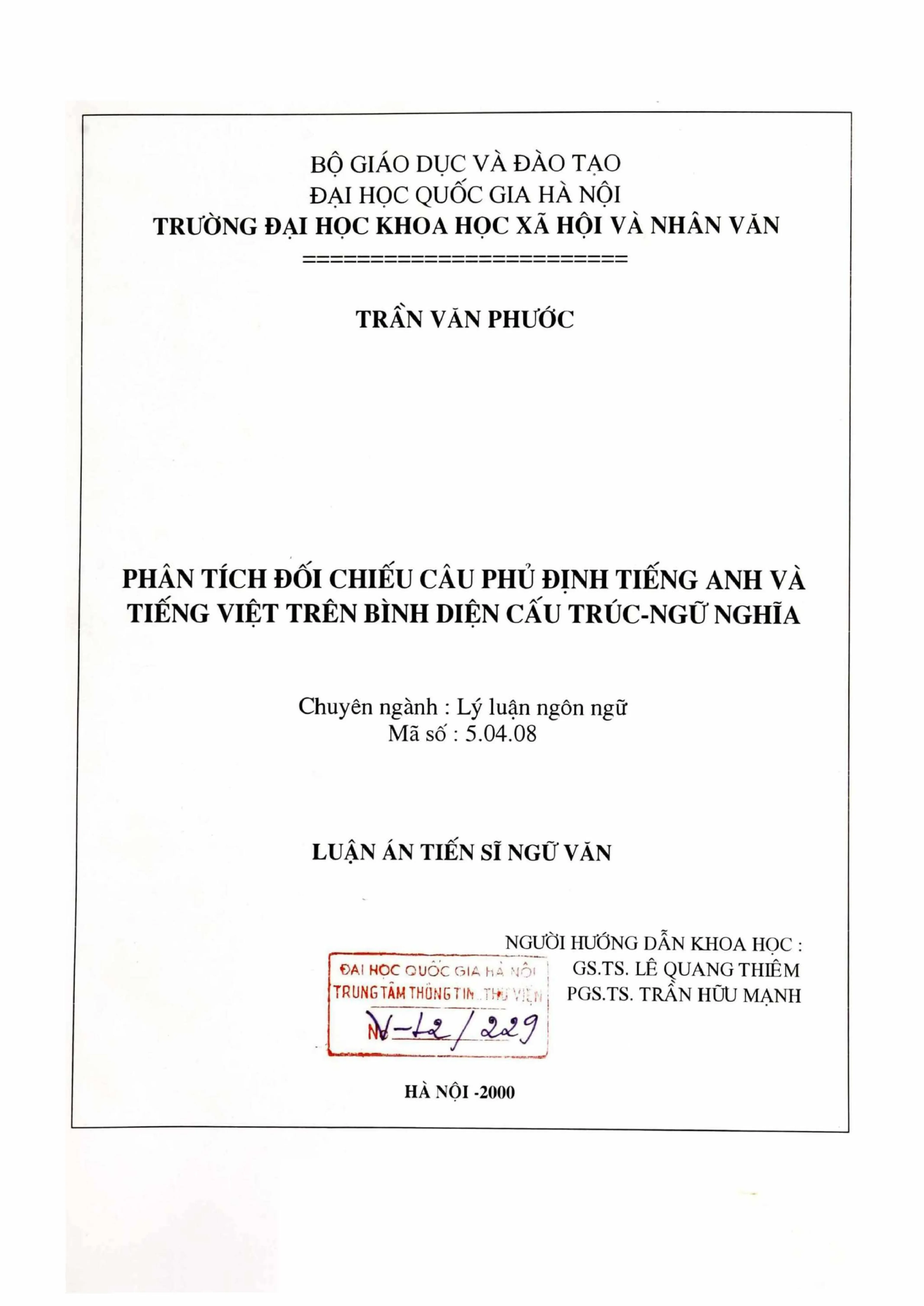 Luận án tiến sĩ ngữ văn phân tích đối chiếu câu phủ định tiế