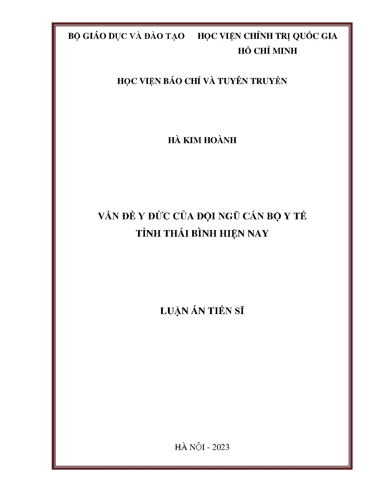 Luận án tiến sĩ vấn đề y đức của đội ngũ cán bộ y tế tỉnh th