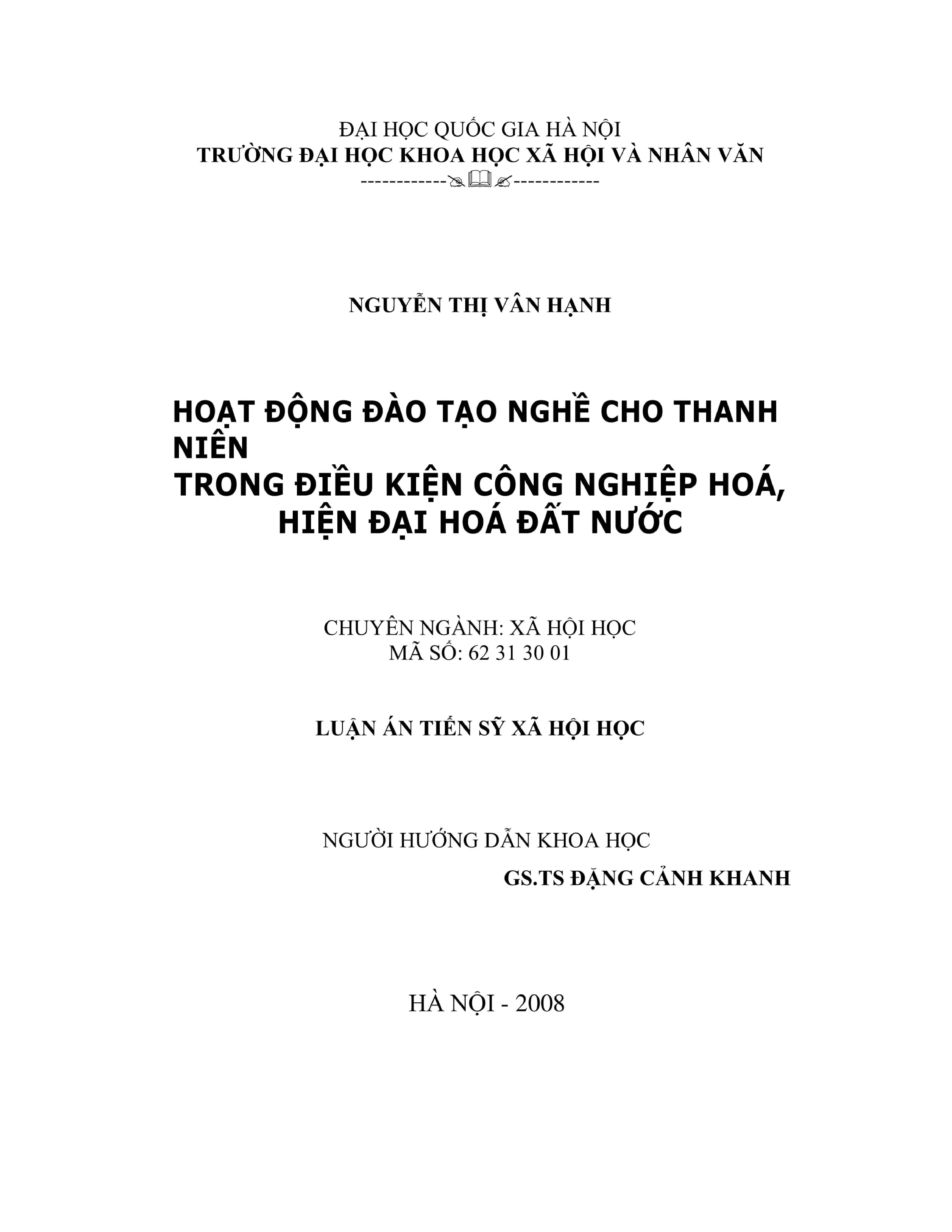 Luận án tiến sĩ xã hội học hoạt đồng đào tạo nghề cho thanh