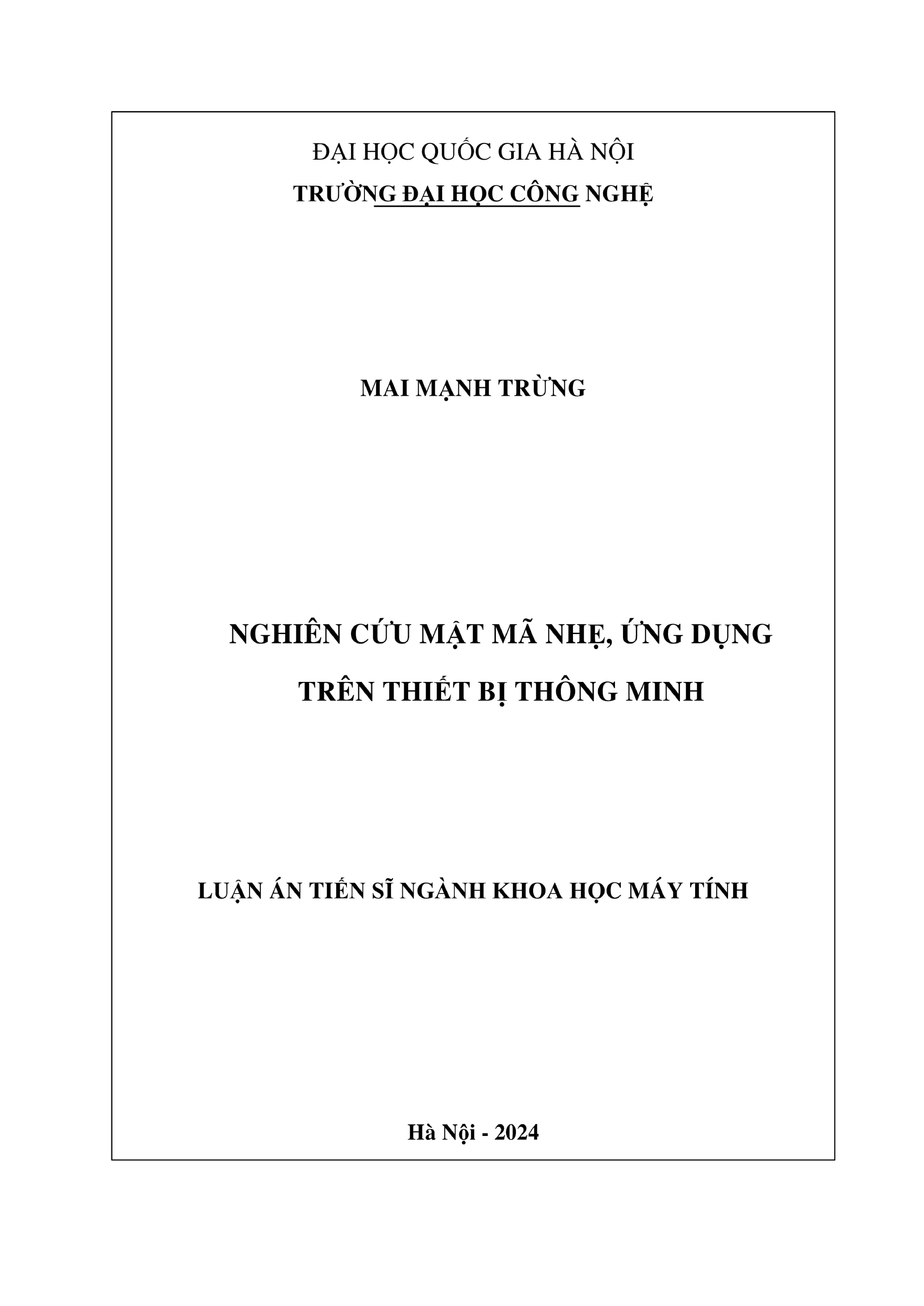 Mật mã nhẹ ứng dụng trên thiết bị thông minh - Luận án TS