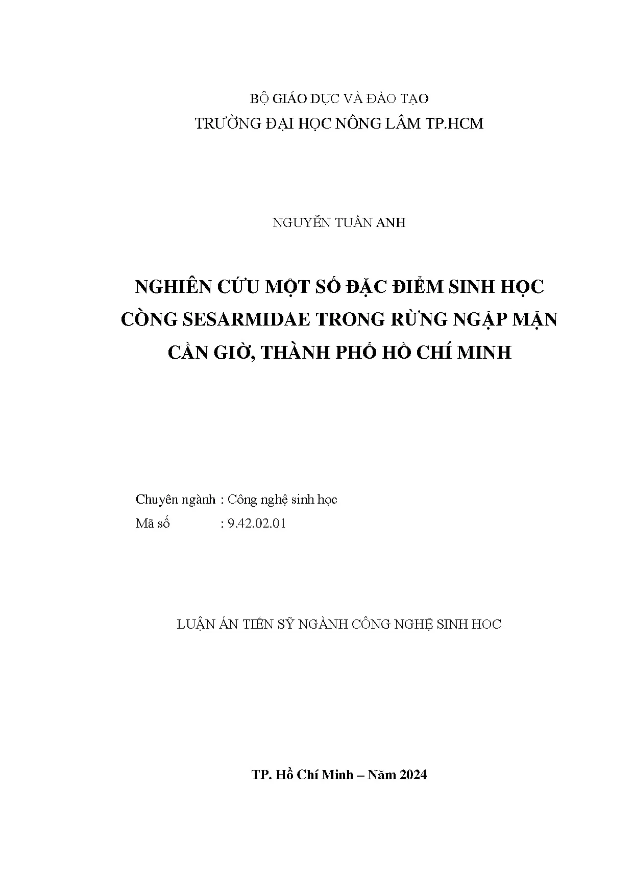 Đặc điểm sinh học còng Sesarmidae rừng ngập mặn Cần Giờ