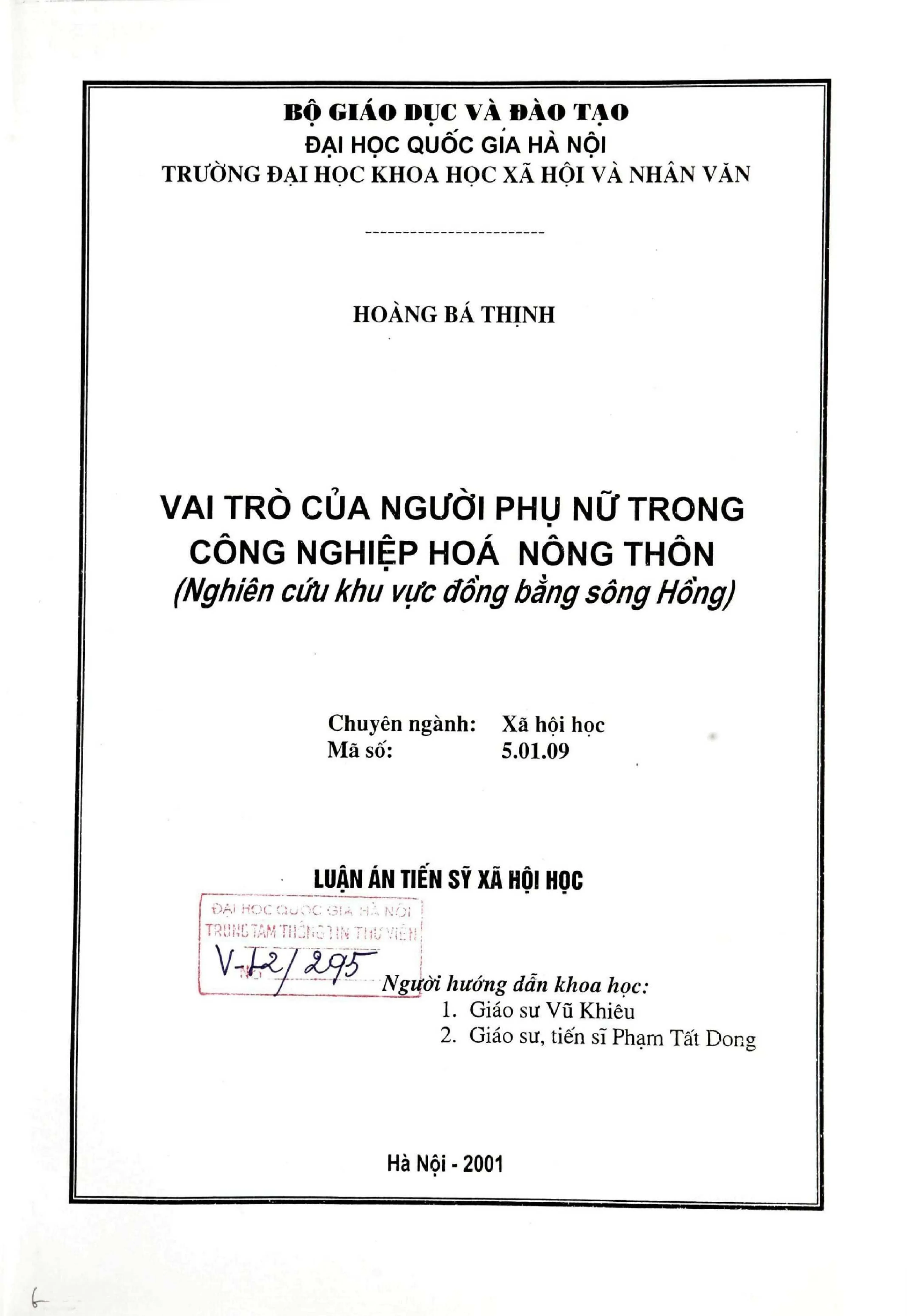 Luận án tiến sĩ xã hội học vai trò của người phụ nữ trong cô