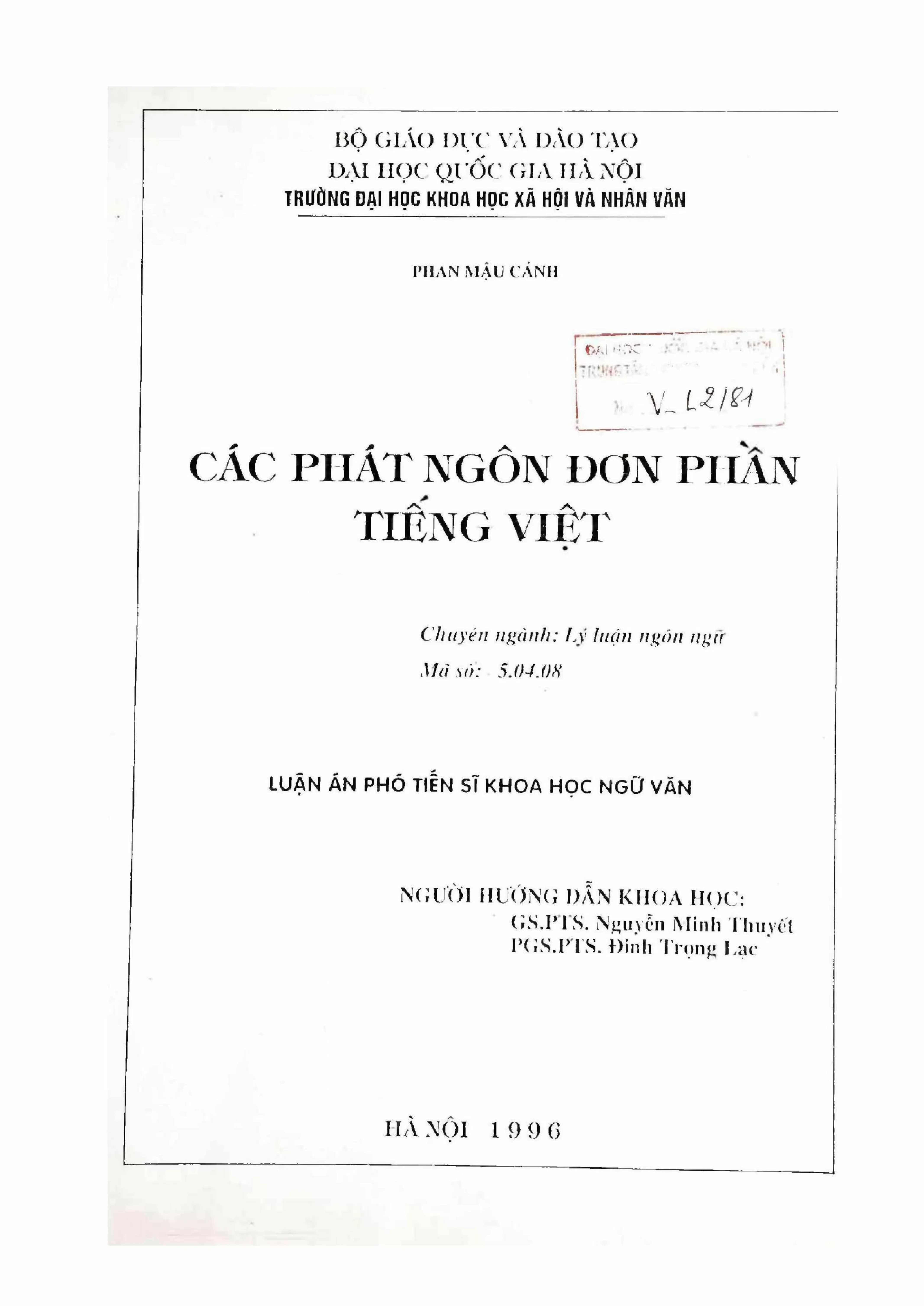 Luận án phó tiến sĩ ngữ văn các phát ngôn đơn phần tiếng việ